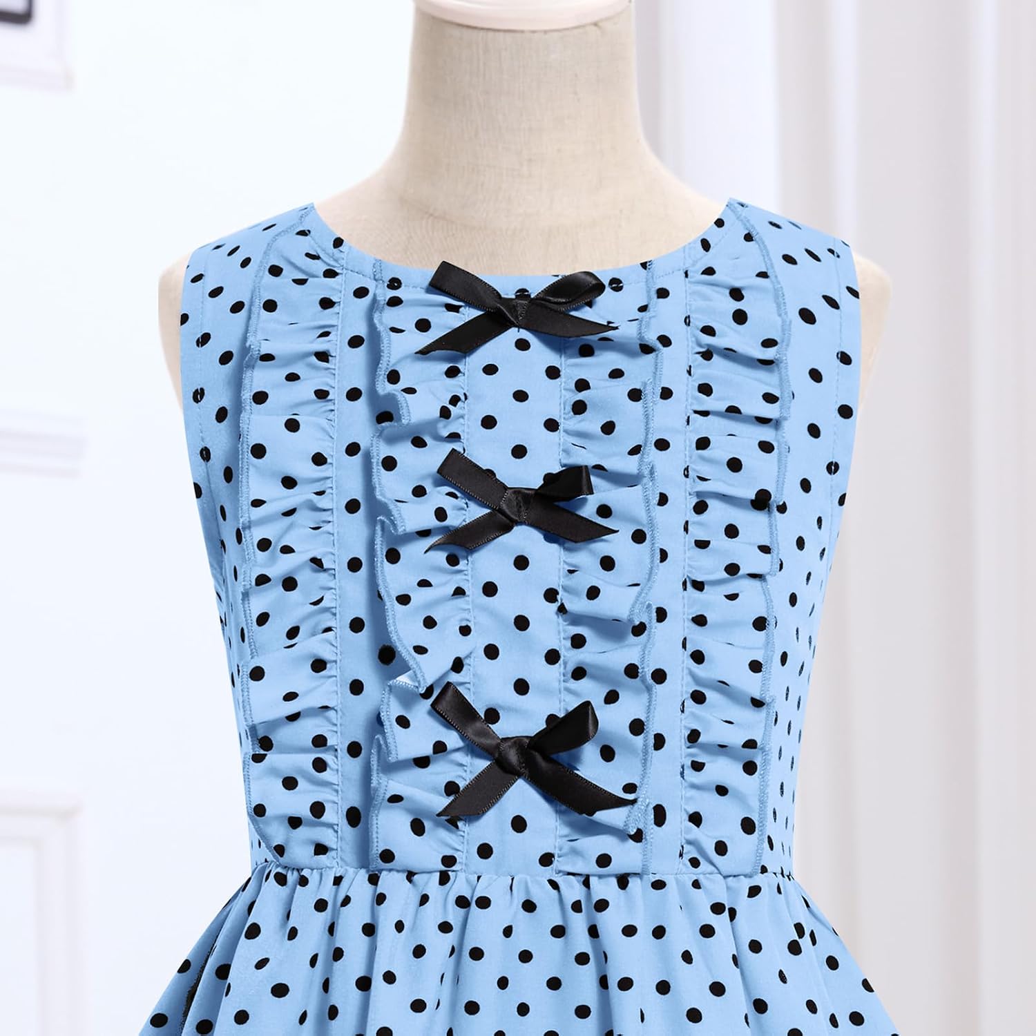 Kids Girls 1950s Retro Dress Sleeveless Bowknot Polka Dot Ruffle Midi Rockabilly Dresses