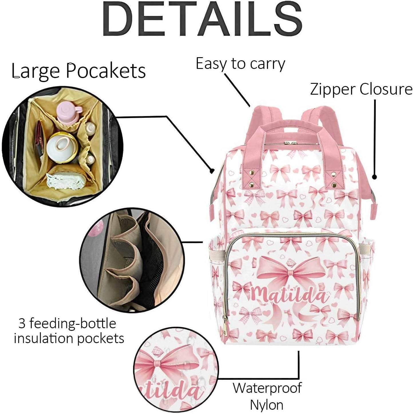 Personalized Pink Bow Diaper Bag Backpack with Name – Custom Baby Travel Tote for Mom or Dad, Nursing Bag for Girls, Shower Gift for Baby, Daycare Essentials Organizer