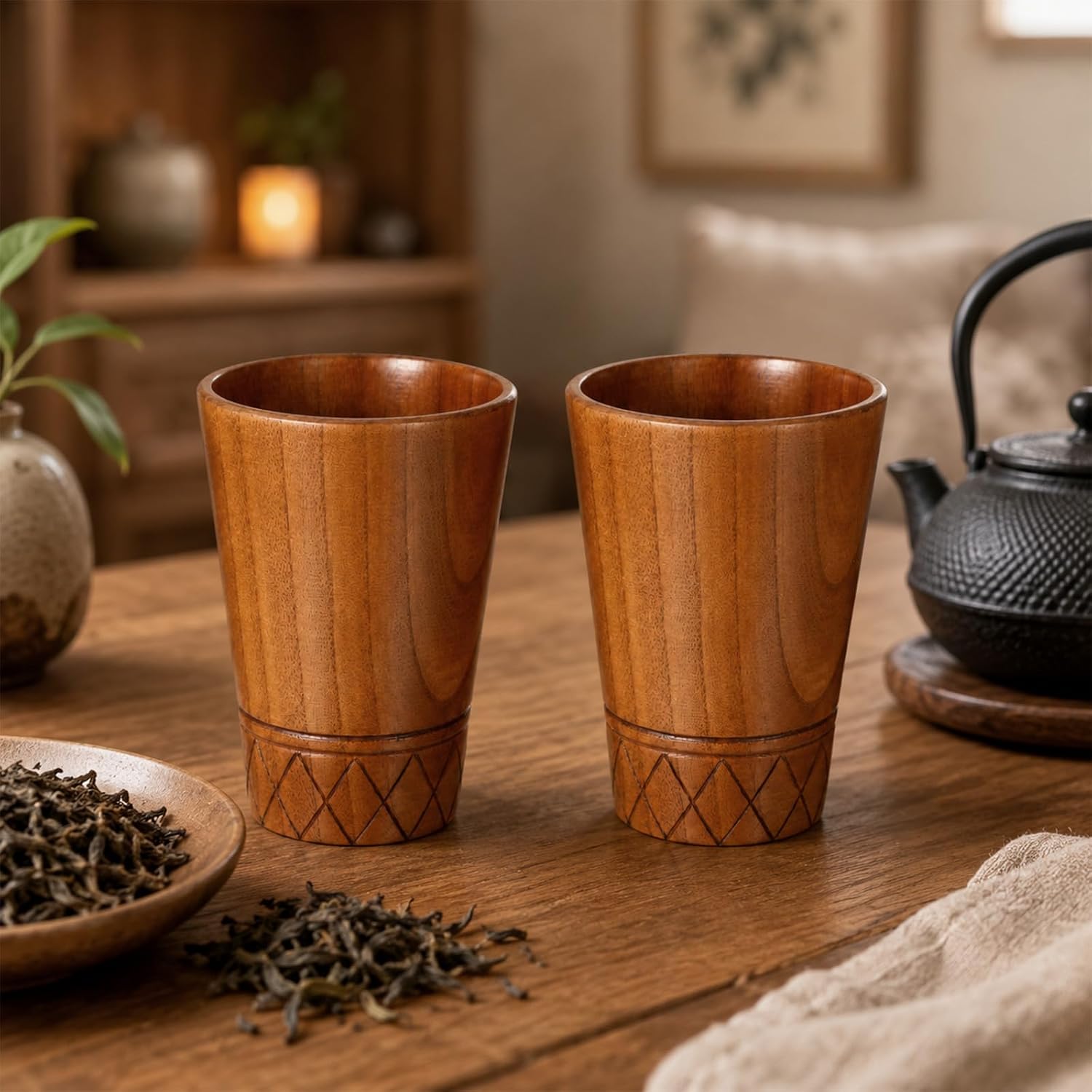 2 Pcs Wooden Cups Wooden Coffee Mug 10oz Handmade Natural Wood Drinking Cups for Coffee Tea Hot Drinks, Portable Wood Tumbler for Home Office Outdoor Camping