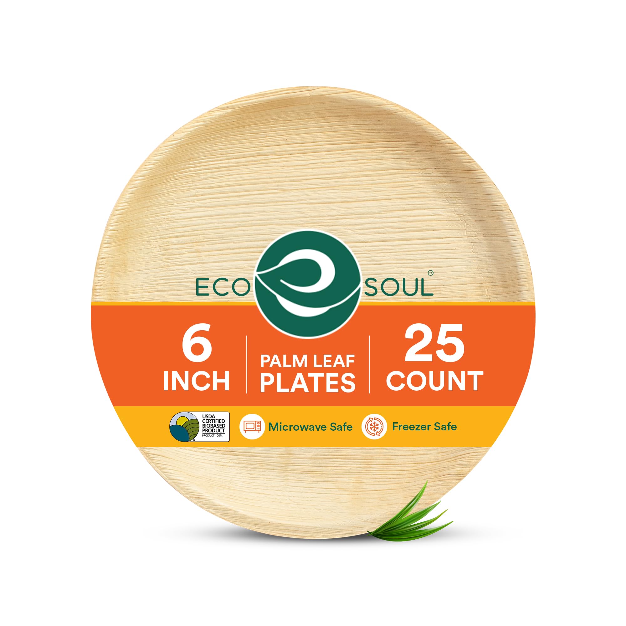 ECO SOUL [6 inch, 25-Pack Areca Palm Leaf Round Plates Disposable Eco-Friendly Biodegradable Like Bamboo Wood Plates Party, Wedding, Event Plates (15 cm)
