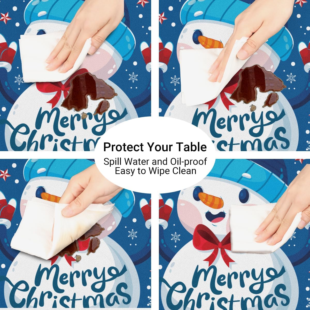 Christmas Round Tablecloth with Elastic Edge, Winter Cute Snowman Snowflake Tablecloth, Washable Wipeable Table Cloth Polyester Table Cover for Kitchen Dining Party Holiday Fits Round Tables 45-50 in