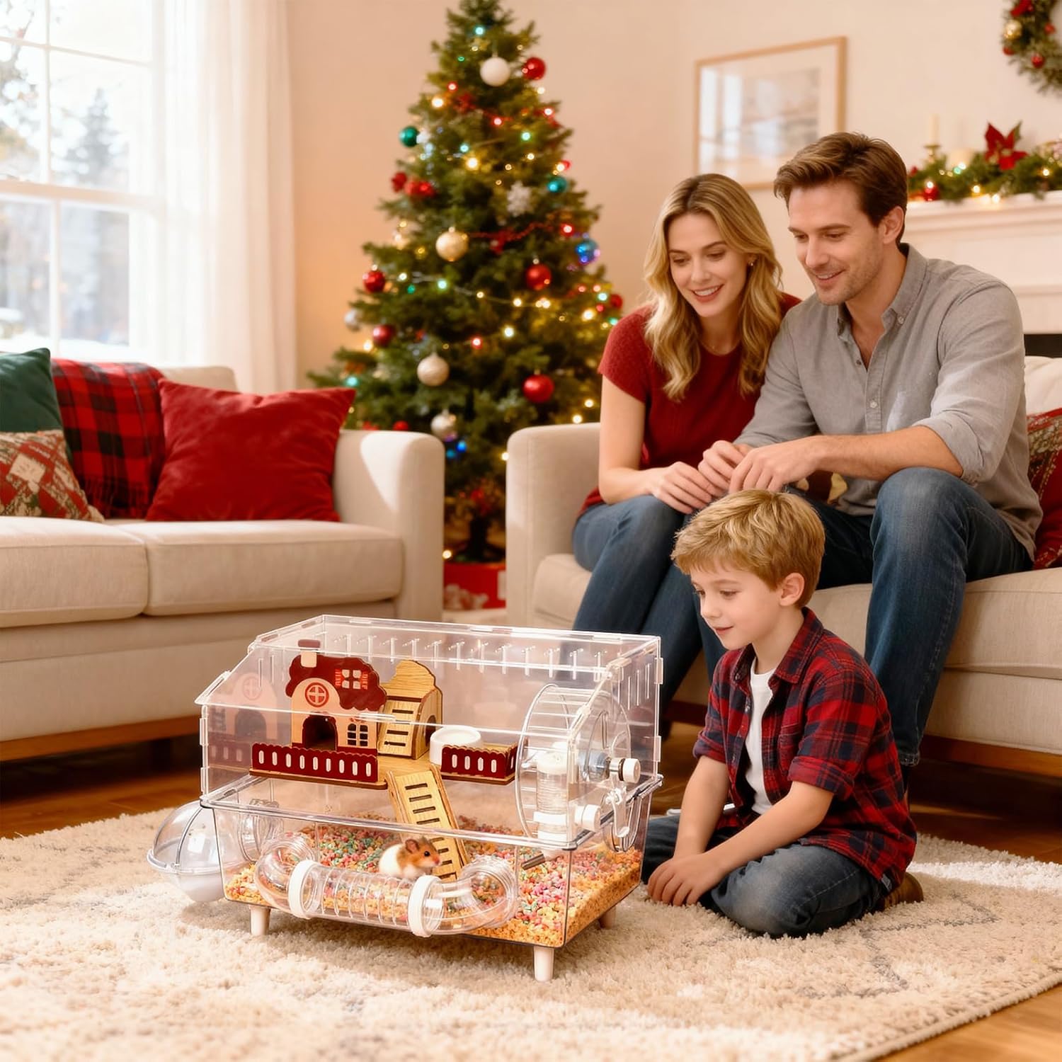 Large Hamster Cage 9 in 1 with All Accessories, 2-Layer Acrylic Hamster House with Full Transparent Viewing,Top Open Mouse Cage for Pet Mice,Hamster Habitat for Dwarf Hamster, Gerbils (Transparent)