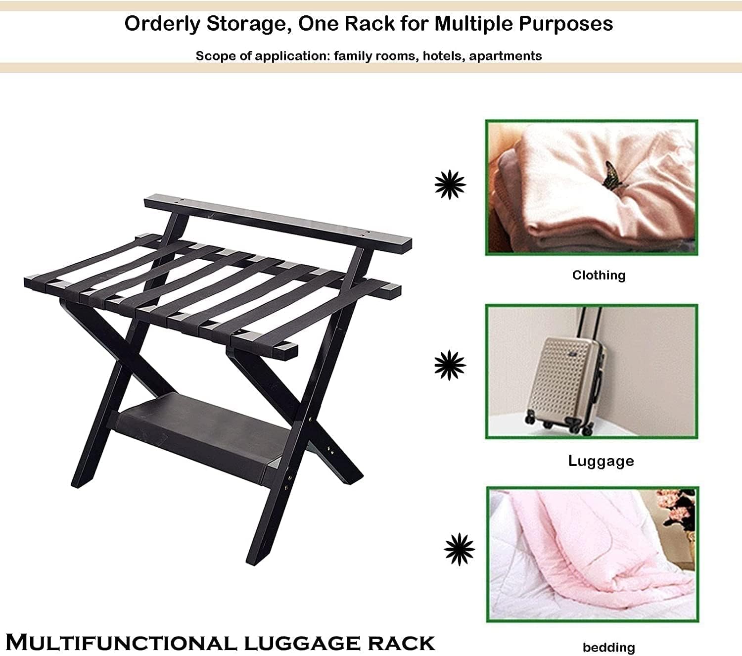 2Pcs Hotel Luggage Rack - Folding Suitcase Rack, Solid Wood Suitcase Rack with Non-Slip Feet, Hotel Expanded High Density Webbing Shoe Rack/Clothes Rack,White