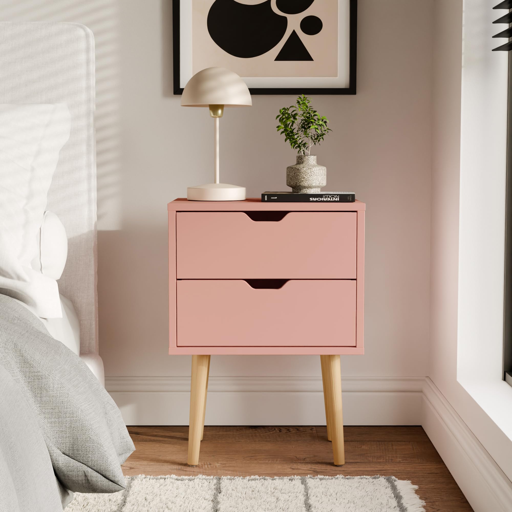 GFW Nyborg 2 Drawer Bedside Table - Coral Pink - Wood - Scandi Style