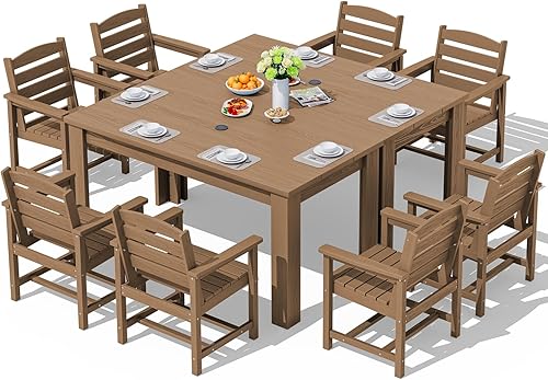 Miniatura 18 de SERWALL Juego de comedor de patio para 8, juegos de comedor al aire libre para 8 personas con 2 agujeros para sombrilla, mesas rectangulares
