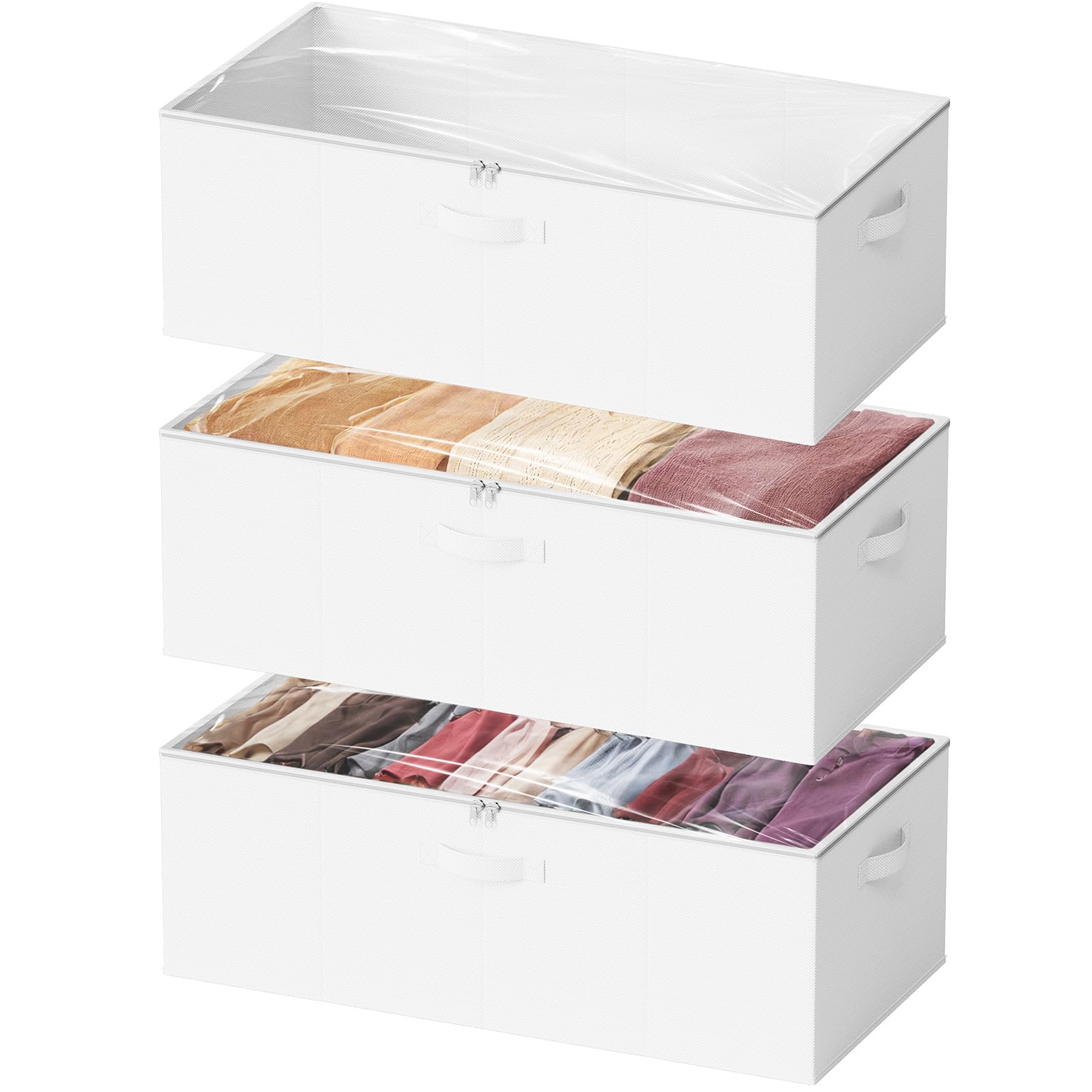 SpaceAid 3 Pack 10" High Under Bed Storage Containers, Large Underbed Storage Organizer Bins with Lids for Bedroom, Dorm, Clothes, Closet Organization, Bed Sheets and Blankets (White)