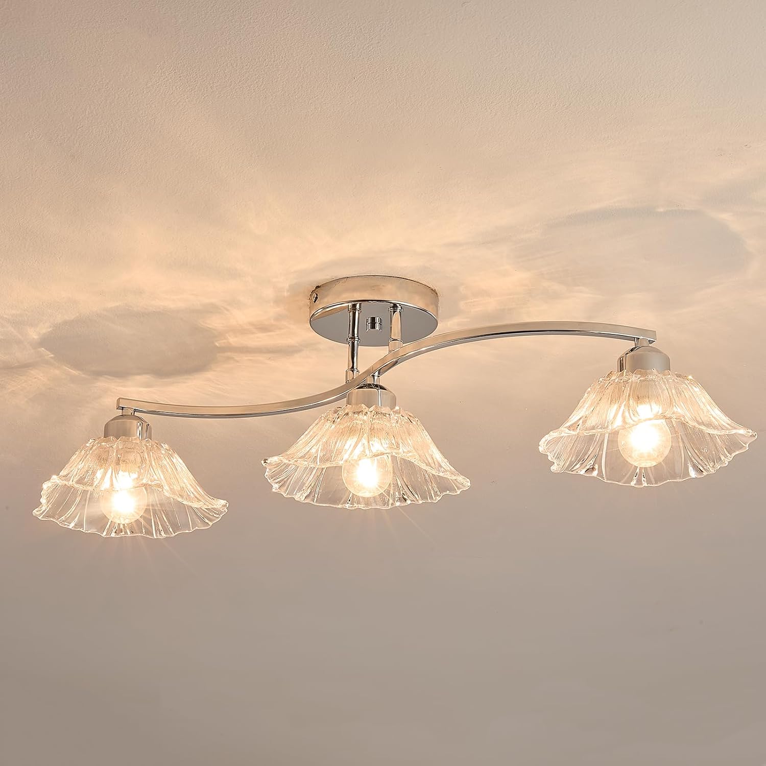 Semi Flush Mount Ceiling Light Fixture,3 Lights Modern Glass Shade Chandelier, Mini Ceiling Fixture for Entryway, Kitchen, Bedroom, Silver