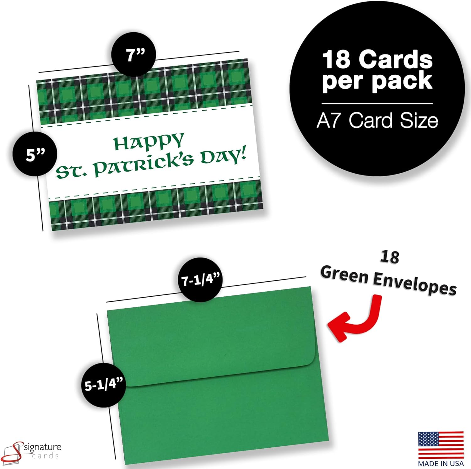 Happy St. Patrick's Day Cards for Family & Business (Green Plaid) Saint Patrick Bulk Greeting Card Set Pack of 18 with Envelopes (5x7 inch - A7) Great for Office, Work, Employees & Clients SPD2501