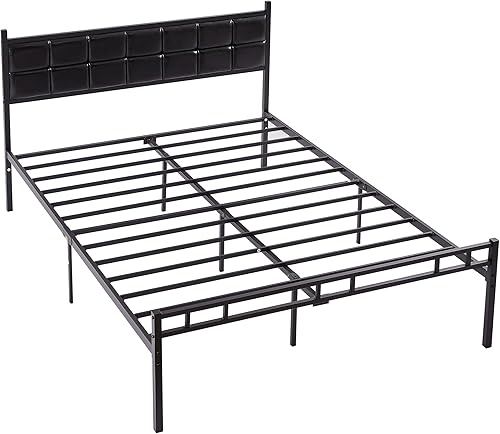 Miniatura 7 de VECELO Base de cama de metal tamaño matrimonial con cabecera de piel sintética, camas de plataforma de alta resistencia, almacenamiento debajo de la