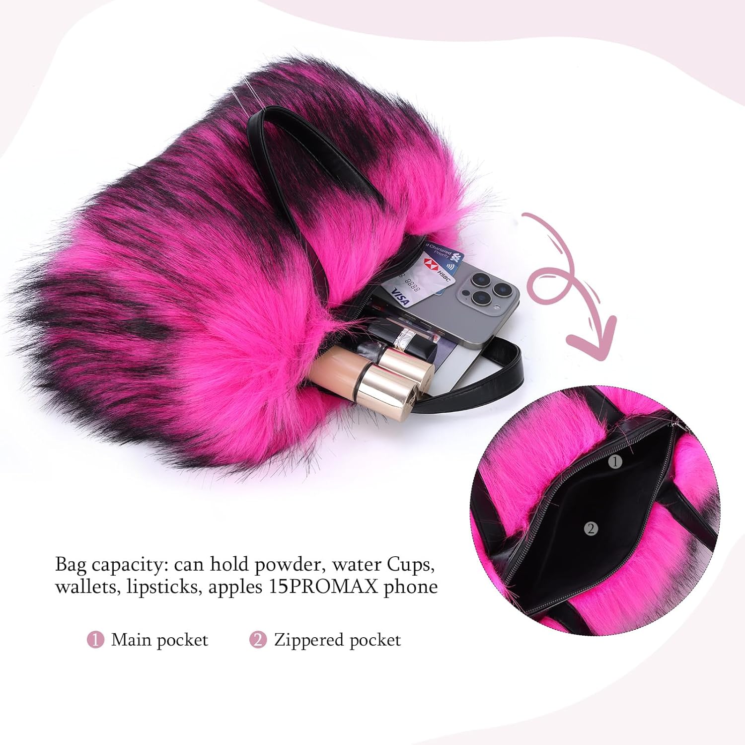 GOKTOW Faux Fur Purse Handbag for Women Y2K Winter Lightweight Tote Bag with Zipper Pocket