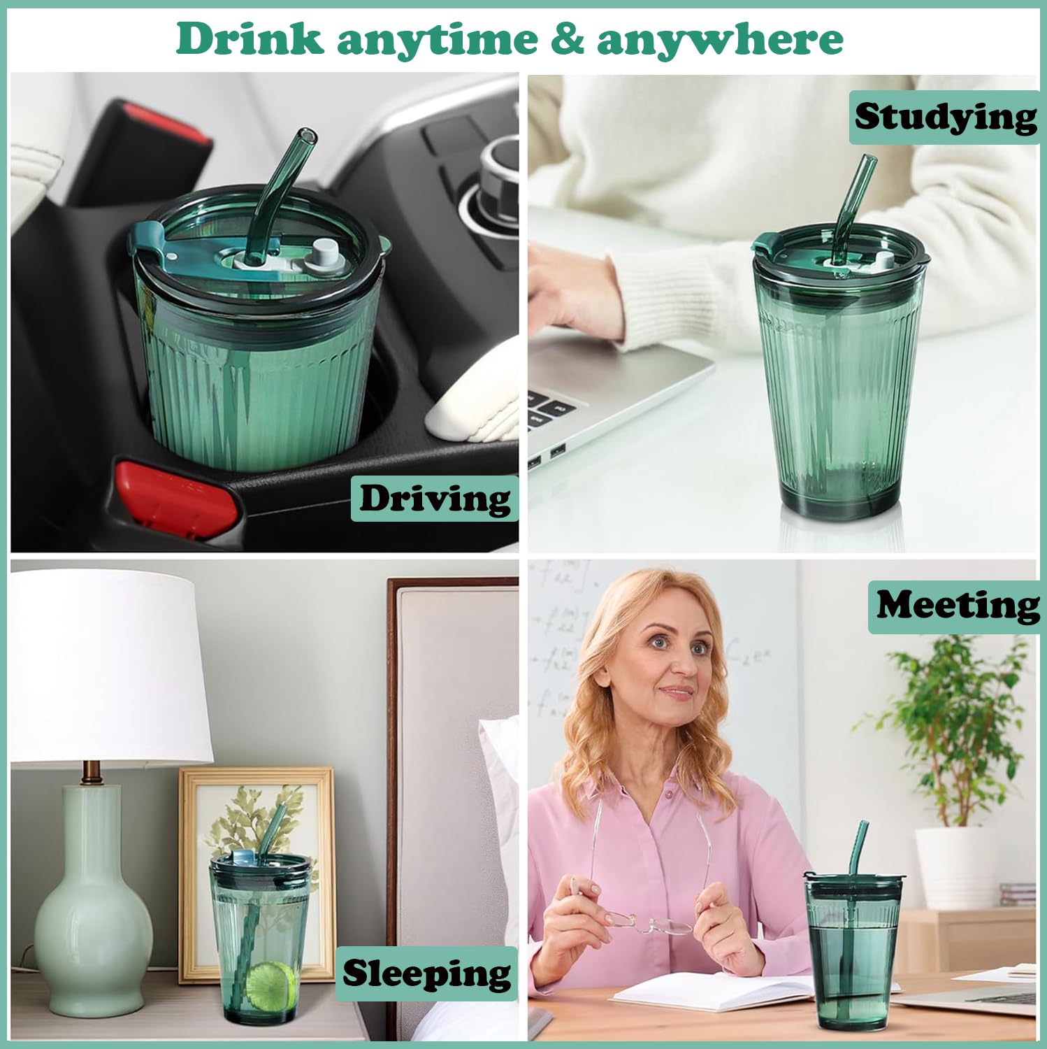 Kleemeiero 2 Pezzi Bicchiere Vetro Con Cannuccia e Coperchio 400ML - Tazze Caffe Vetro per Acqua, Soda, Succhi di Frutto, Birra, Caffè (Verde
