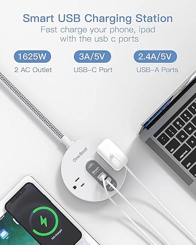 Miniatura 6 de Regleta de alimentación con USB C, 3 tomas de corriente, 4 puertos USB (22.5 W4.5 A), estación de carga de escritorio, enchufe plano, cable de