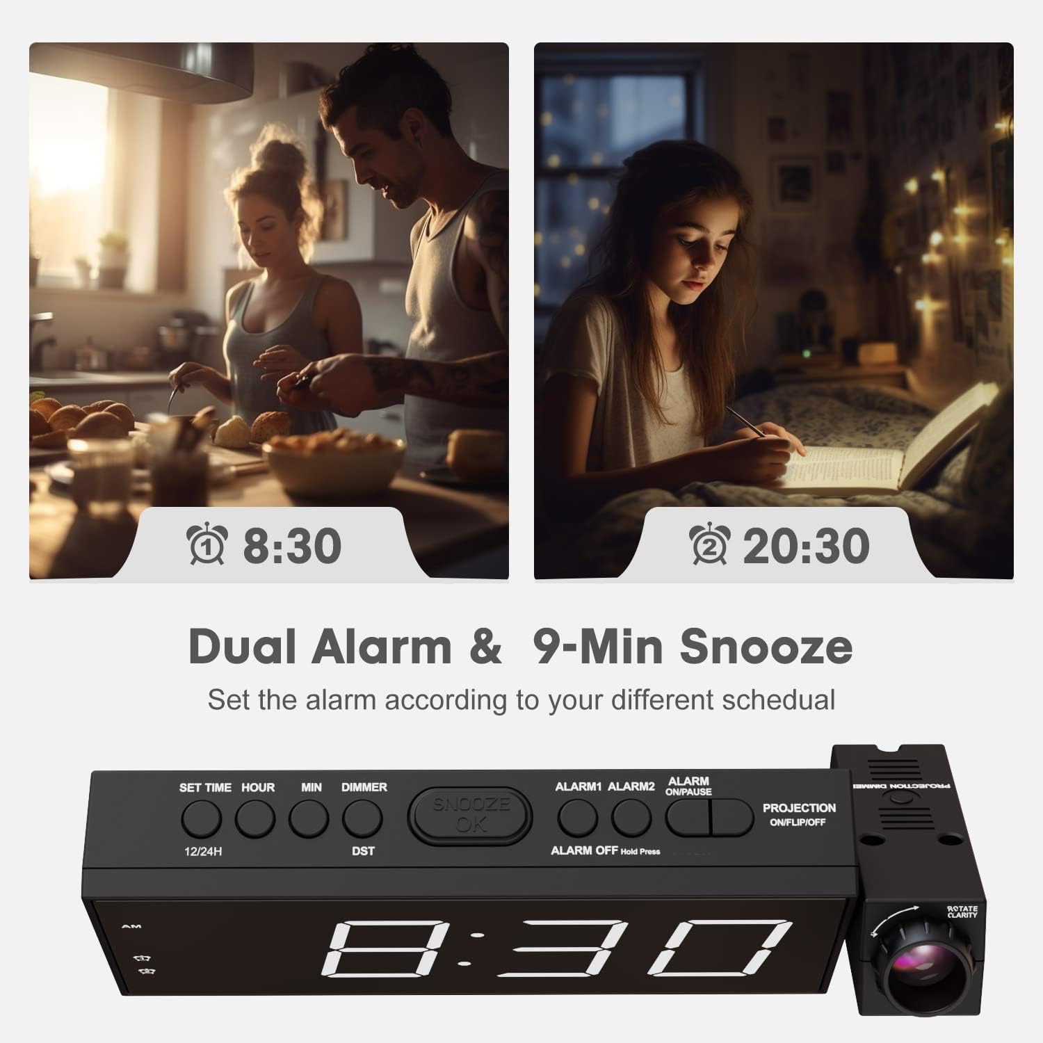 Projection Alarm Clock for Bedrooms with USB Charger, Digital Projection Clock on Ceiling /Wall, 350° Projector,Dimmer,12/24H & DST,Battery Backup, 7.5’’ Large Modern Alarm Clock for Heavy Sleeper