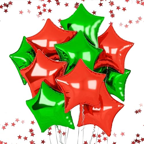 Star Foil Balloons, 18 Inches Christmas Star Balloons for Helium, 10 pcs Green Red Star Birthday Balloons for Christmas Party Birthday Wedding Anniversary Party Decorations