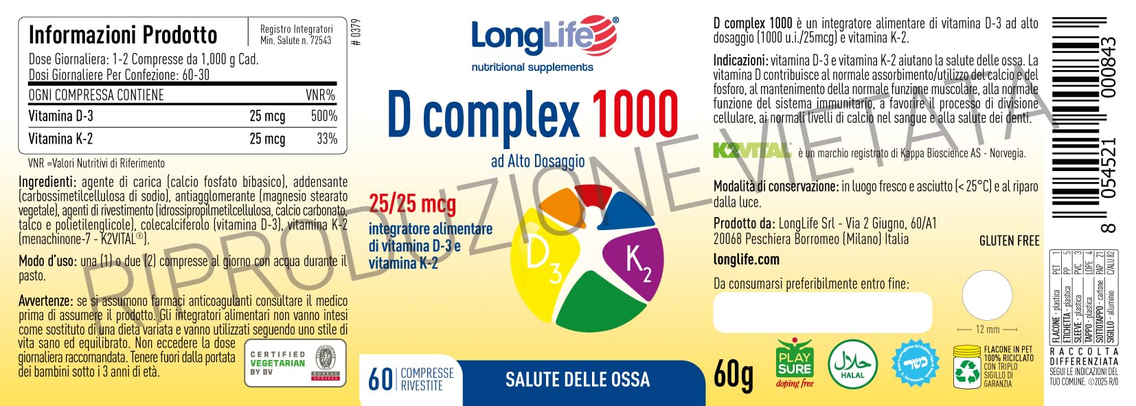 LongLife® D complex 1000 | Integratore vitamina D3 e vitamina K2 naturale | Alto dosaggio | Benessere delle ossa | Difese immunitarie | Fino a 2 mesi di trattamento | Senza glutine e doping free