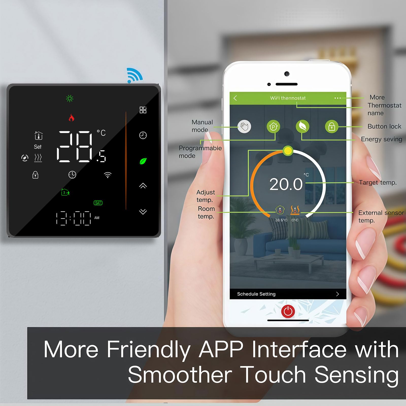 006 Série Wi-Fi Thermostat - Thermostat de Programmation à écran Tactile Pour Chauffage Eau/électricité/Chaudière - Télécommande pour Téléphone Compatible avec Alexa, Google Home, IFTTT