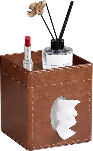 Funda cuadrada de piel sintética para caja de pañuelos con bandeja de almacenamiento para baño, tocador, encimera, mesita de noche, dormitorio,