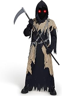 Spooktacular Creations Kids Grim Reaper Costume, Glowing Eyes Grim Reaper Costume for Boys, Creepy Phantom Black Reaper Halloween Dress Up-M