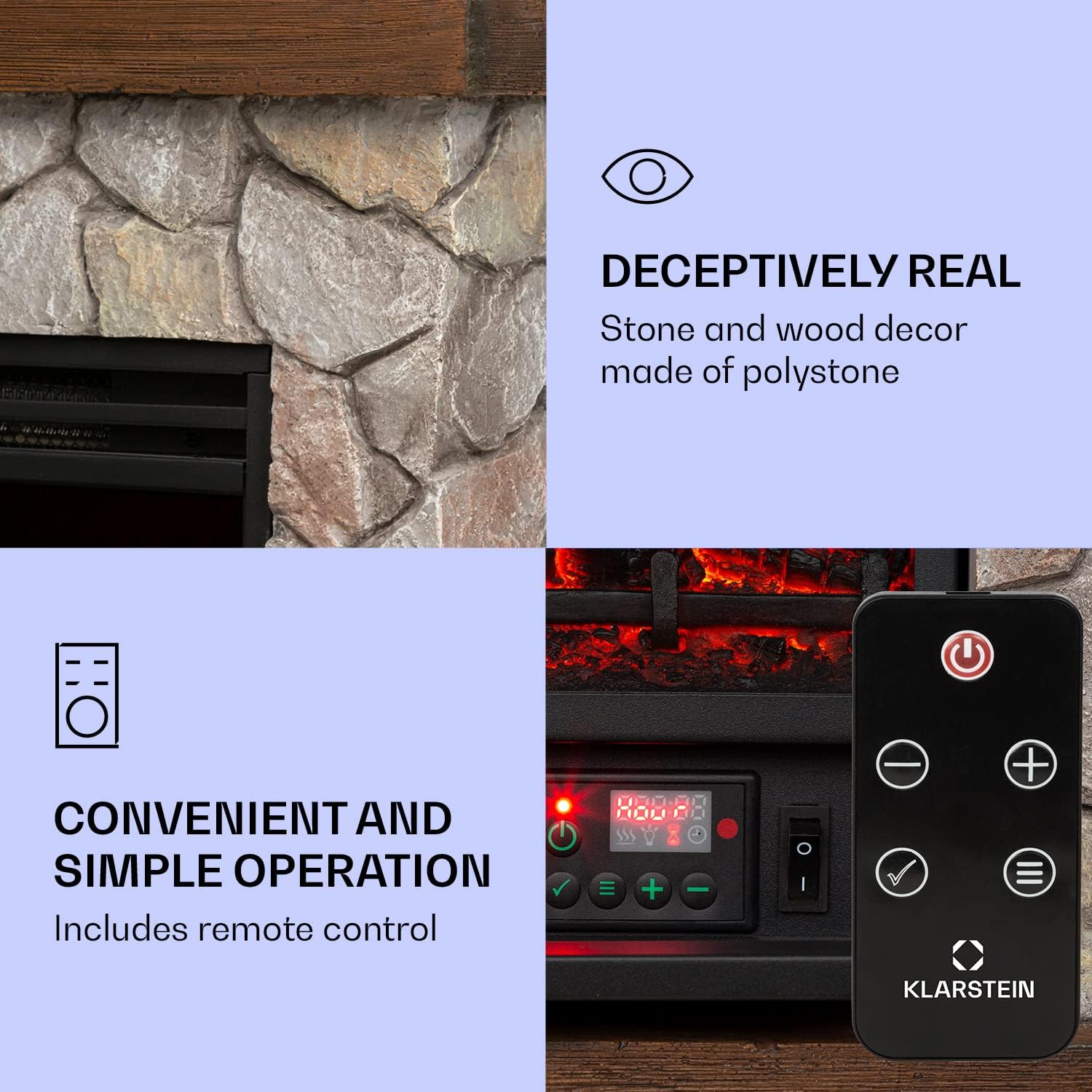 Klarstein Lienz Electric Fire with Flame Effect - Electric Fireplace, Electric Fire Place, 900/1800W, OpenWindow Detection, Dimmable Light, Weekly Timer, Thermostat, Remote, Stone Look, Brown