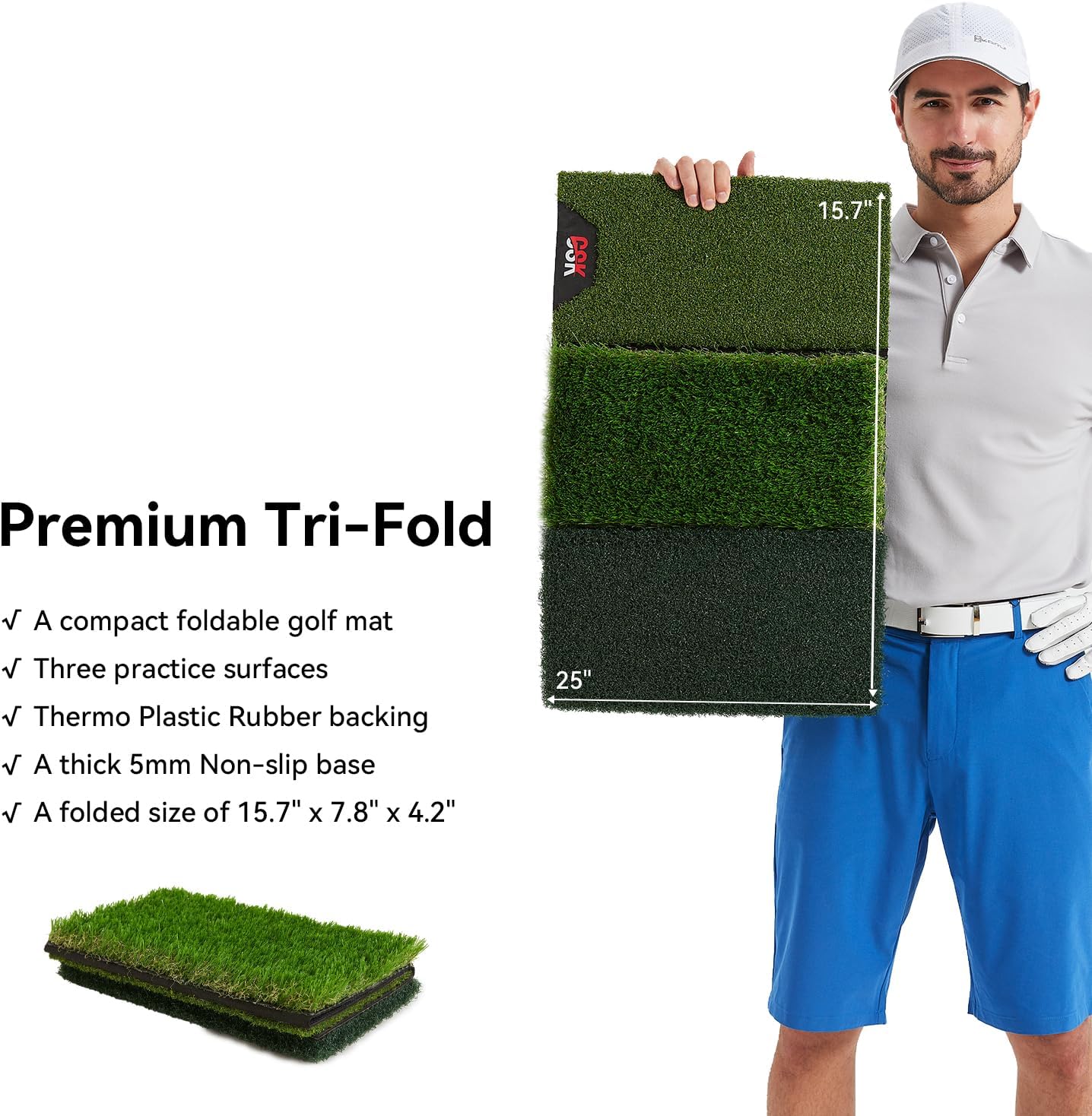 GSK Golf Hitting Mat 15×25inch Foldable Tri Grass Swing & Chipping & Tee Shot Golf Strike Exercise Driving Range Portable Backyard Garage Adult Kids Practice TPR Thickened Golf Training Pad