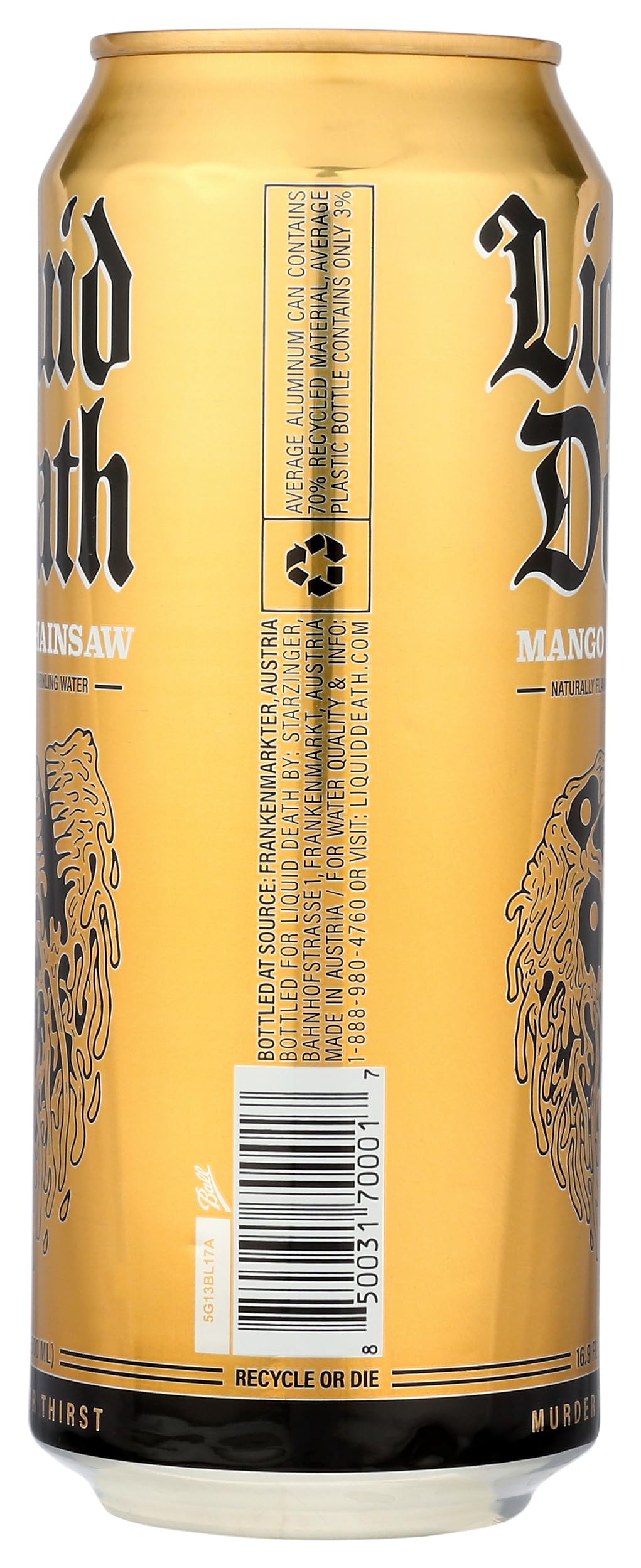 Liquid Death Sparkling Water, Mango-Kettensäge, 16,9 FZ, schwarz