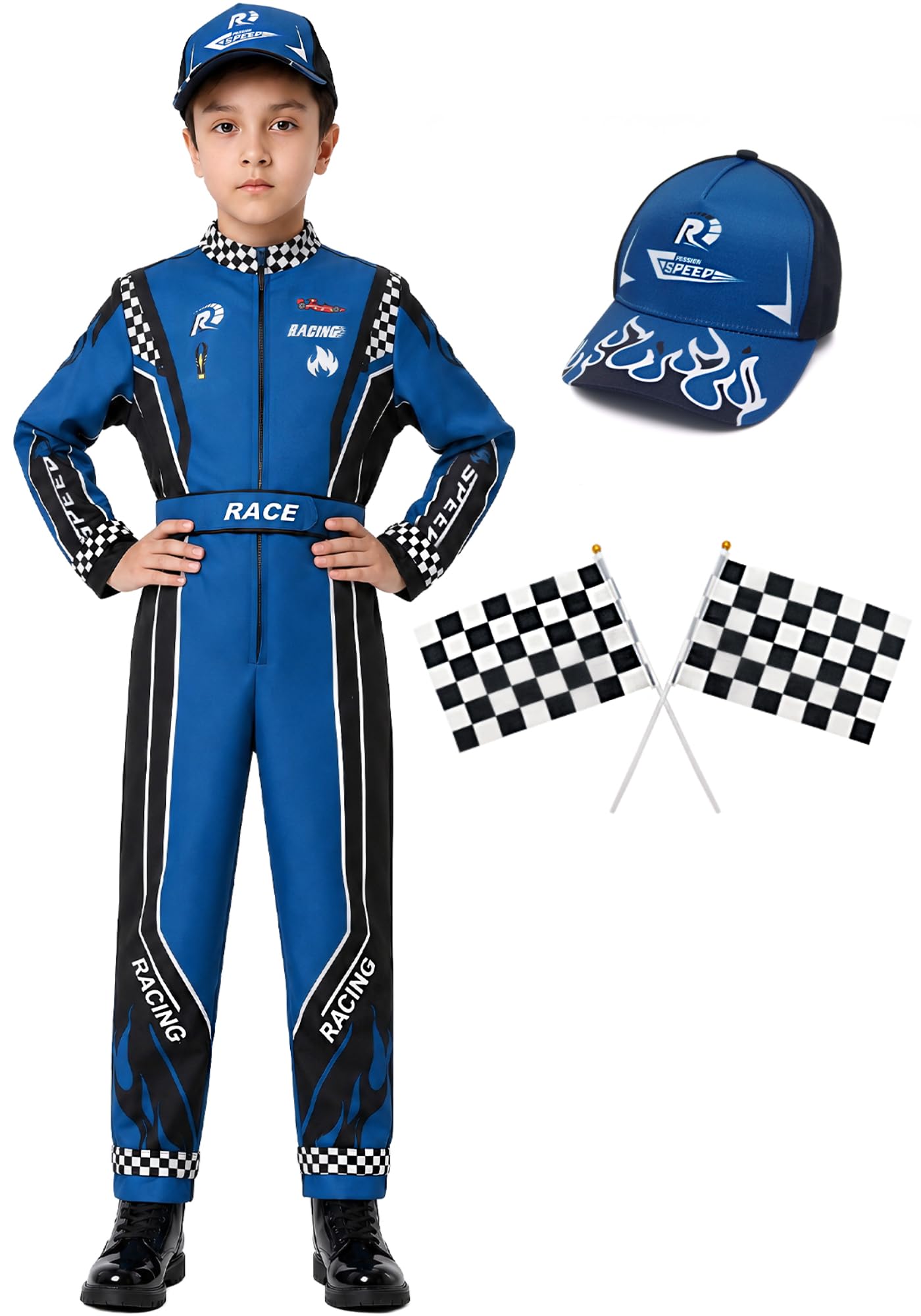 KUKIKUKI Racing Car Driver Costume Boys Racer Jumpsuit with Car Cap Children Dress Up for Halloween (Deep Blue, 140)