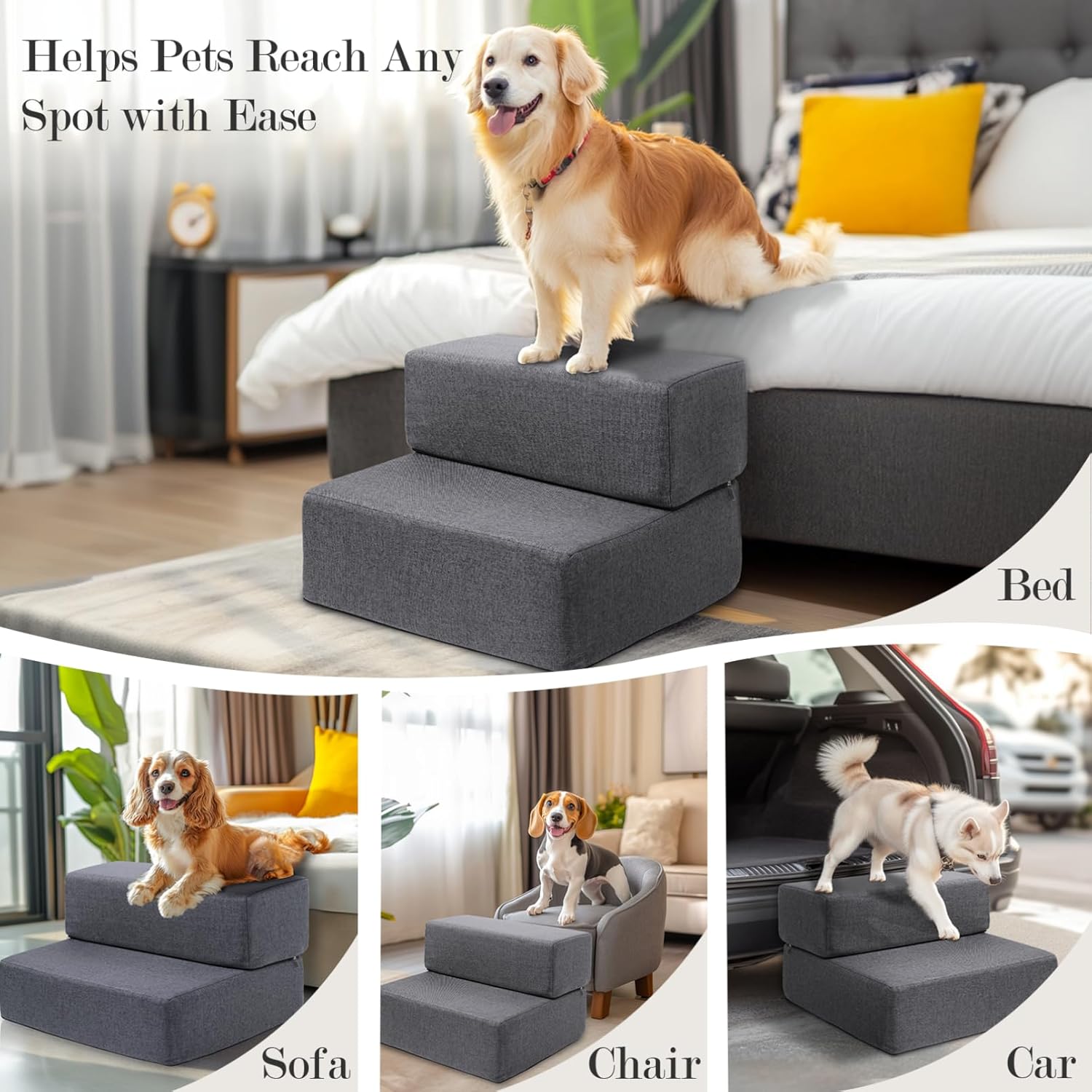 Dog Stairs for Small Dogs 12" H, Modular 2-Step Dog Steps for Bed and Couch, Non-Slip Indoor Pet Stairs for Cats, Pet Step with Washable Cover Grey