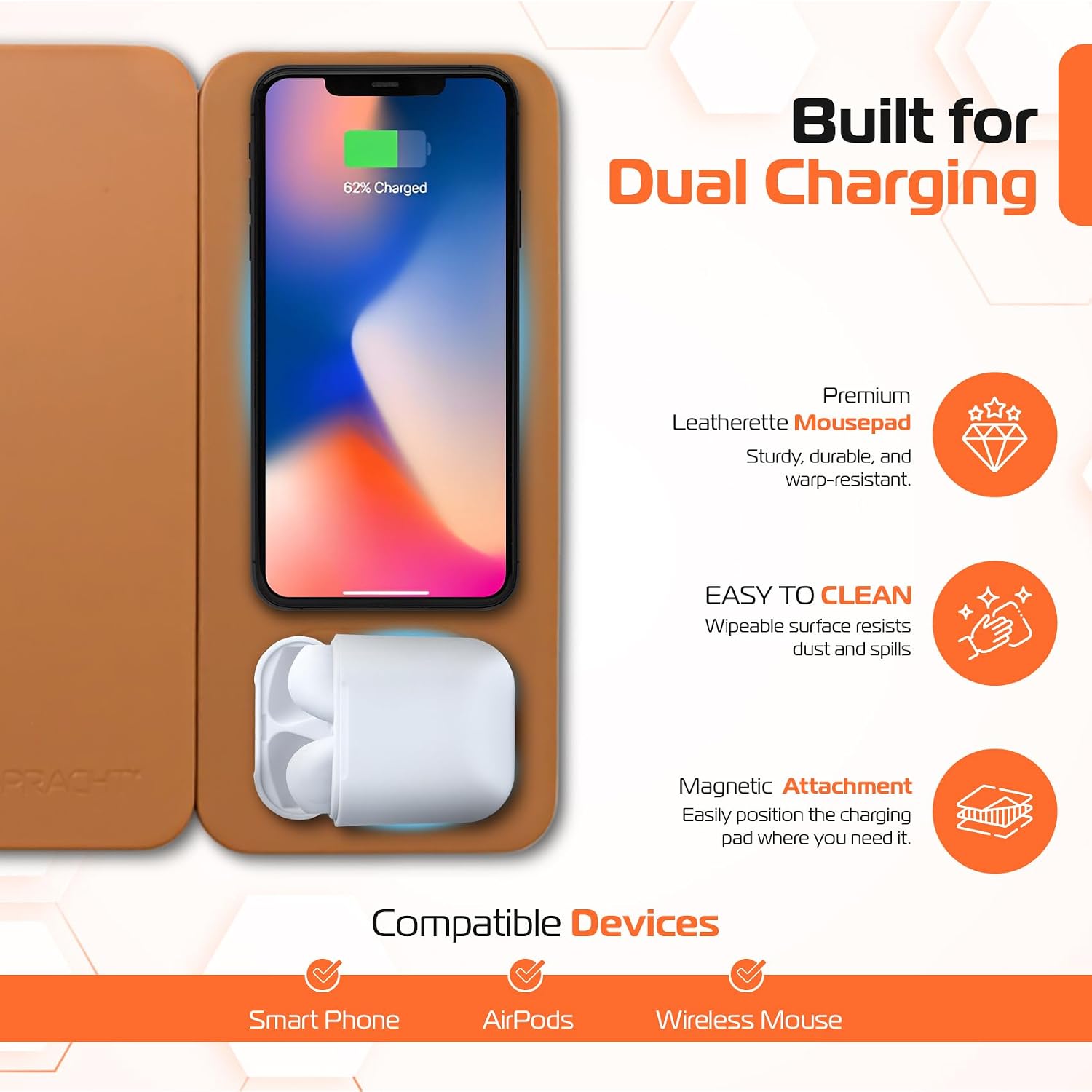 Spracht MagPad Magnetic Wireless Charging Mouse Pad, 15W Fast Charging, for Smartphones and Earbuds, Brown