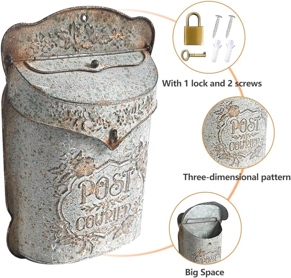 Vintage Wall Mount Mailbox for Outside Metal Decor Mailboxes Antique Style Nostalgic Charm for Home Door Garden Farmhouse House Decorations (Grey)