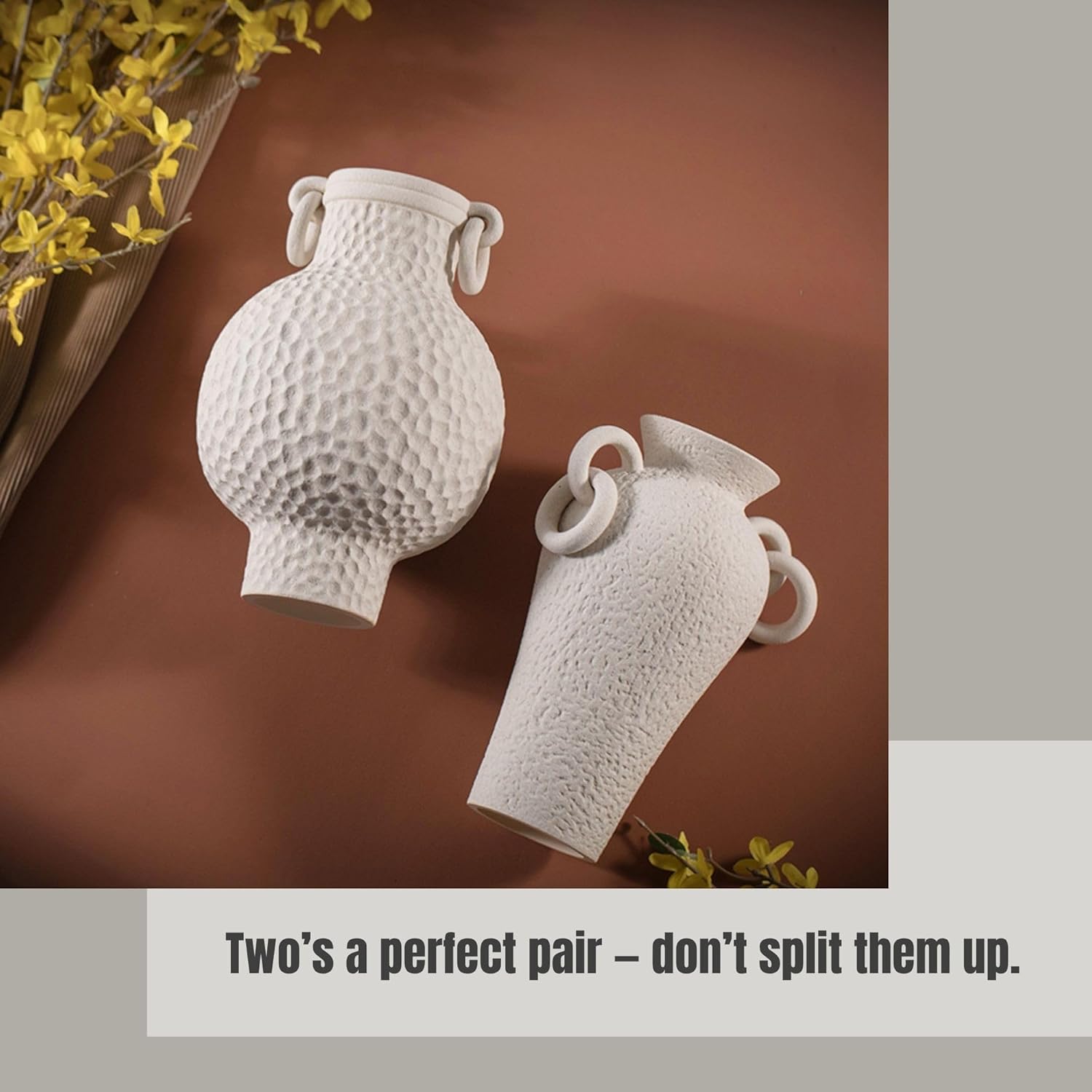 Ceramic Vase - Dual-Ear Handle Ancient Greek Style, Matte White Ceramic with Rustic Texture, Flower Modern Trendy Minimalist Boho Decor for Bookshelf, Dining Table, Coffee Table (Tall Texture)