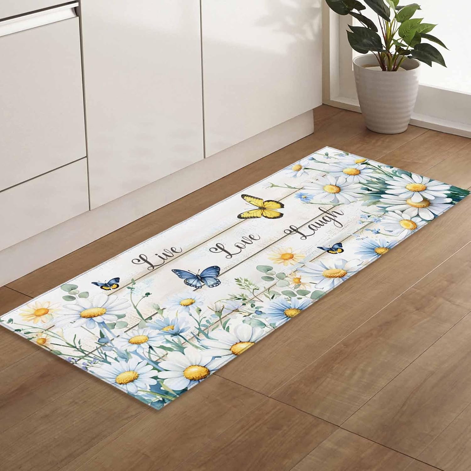 2 Pieces Kitchen Rugs and Mats,Farmhouse Daisy Butterfly Area Runner Rug Set Non Slip Floor Doormat Washable Carpet Standing Mat for Kitchen Sink Indoor Corridor,Summer Floral Plant Wood Grain