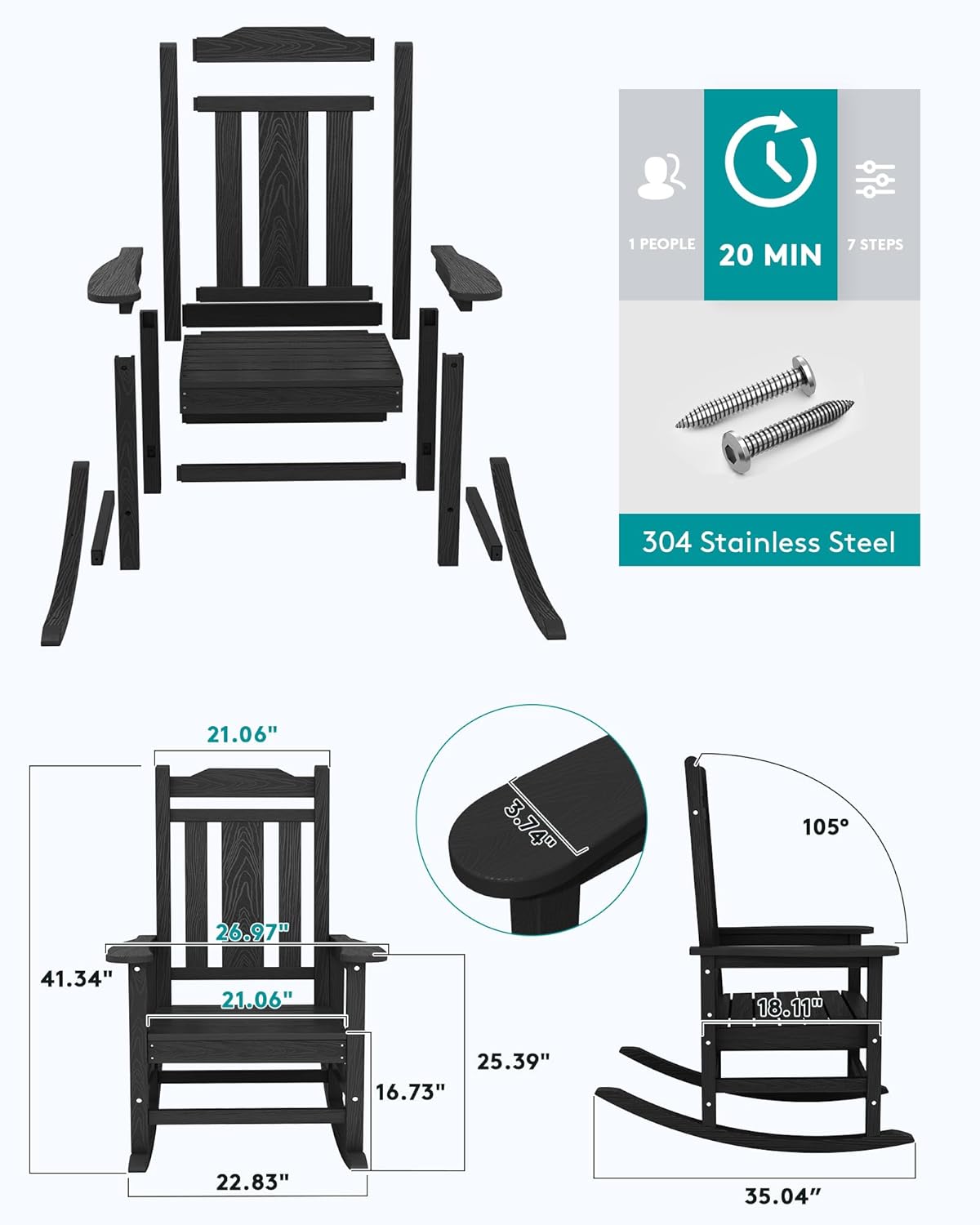 SERWALL Oversized Rocking Chair Set of 4 Outdoor, HDPE Outdoor Rocking Chair Set of 4, Black