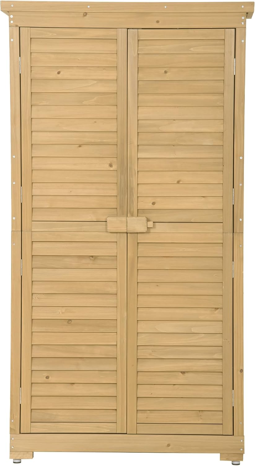 MMTGO 34.30" Outdoor Garden Storage Shed with 3-Tier Shelves, Wooden Latches and Water-Proof Roof, Solid Wood Tool Cabinet Organizer for Patio, Backyard, Lawn