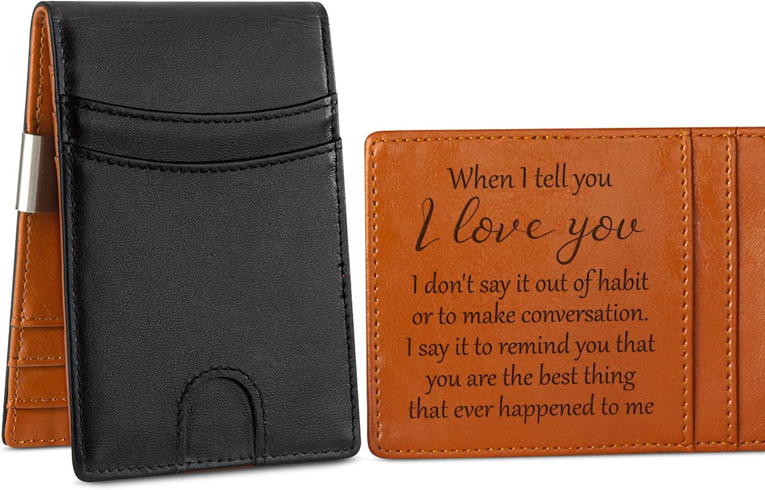 Engraved Men's Leather Slim Wallet with Money Clip - RFID Card Holder for Husband, Boyfriend or Man Gifts