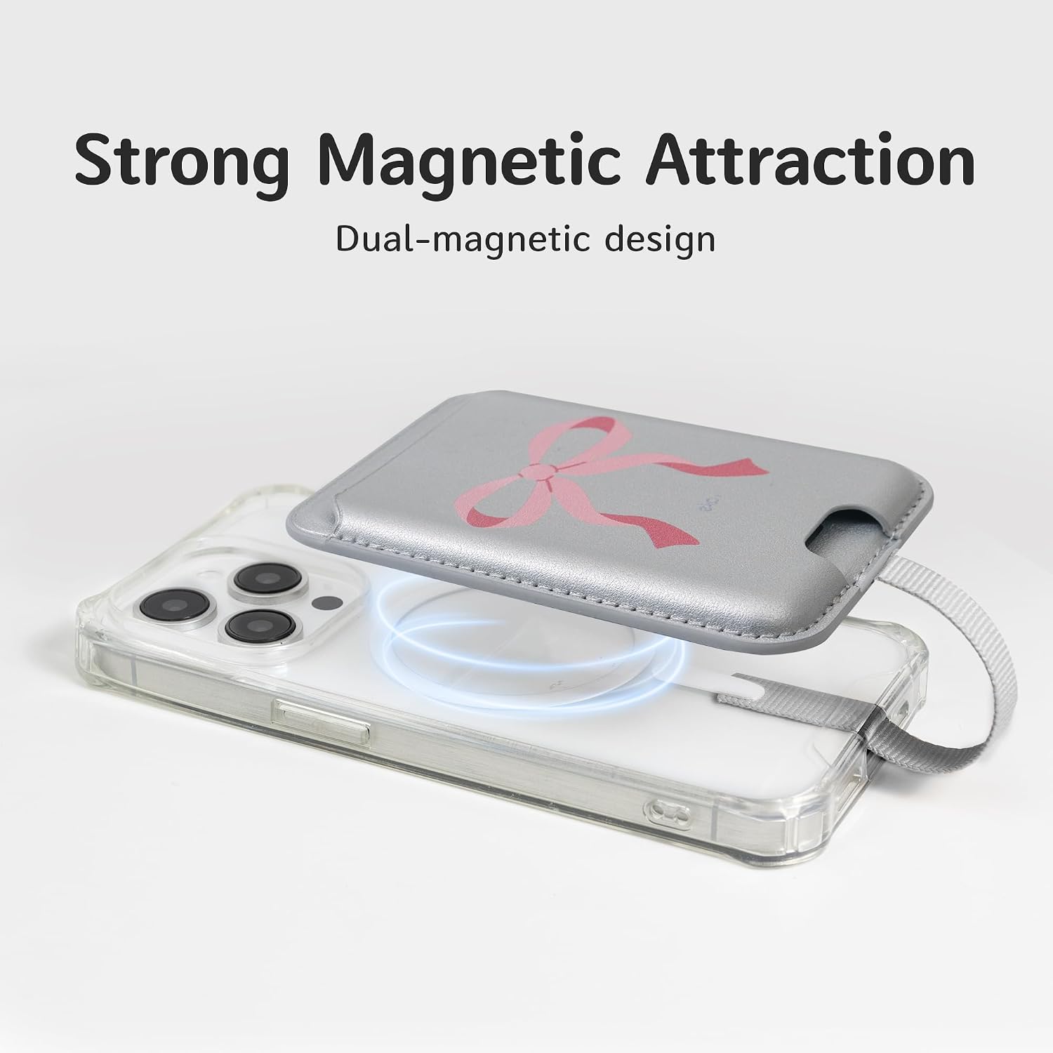 EKAX Anti-Lost Magnetic Phone Wallet, Strong Magnetic Design, Compatible with MagSafe, Holds 1 Cards, Phone Wallet Stick on iPhone and Android Smartphones, (Pink Bow, Pocket) image 2