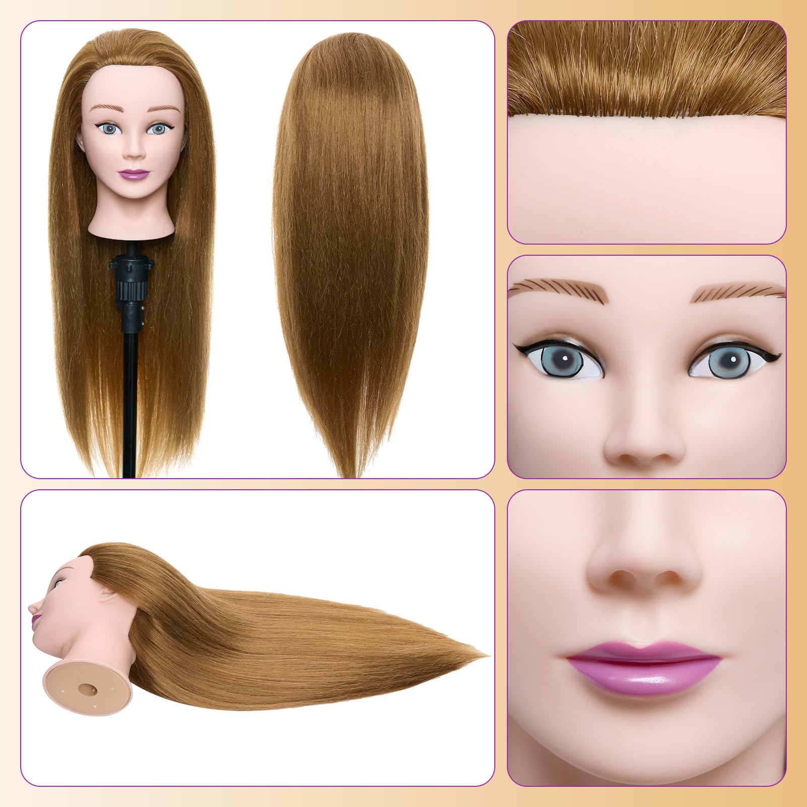 Testa per Parrucchieri 24" Capelli Veri Testina Parrucchiere con Morsetto DIY Hair Styling Tools