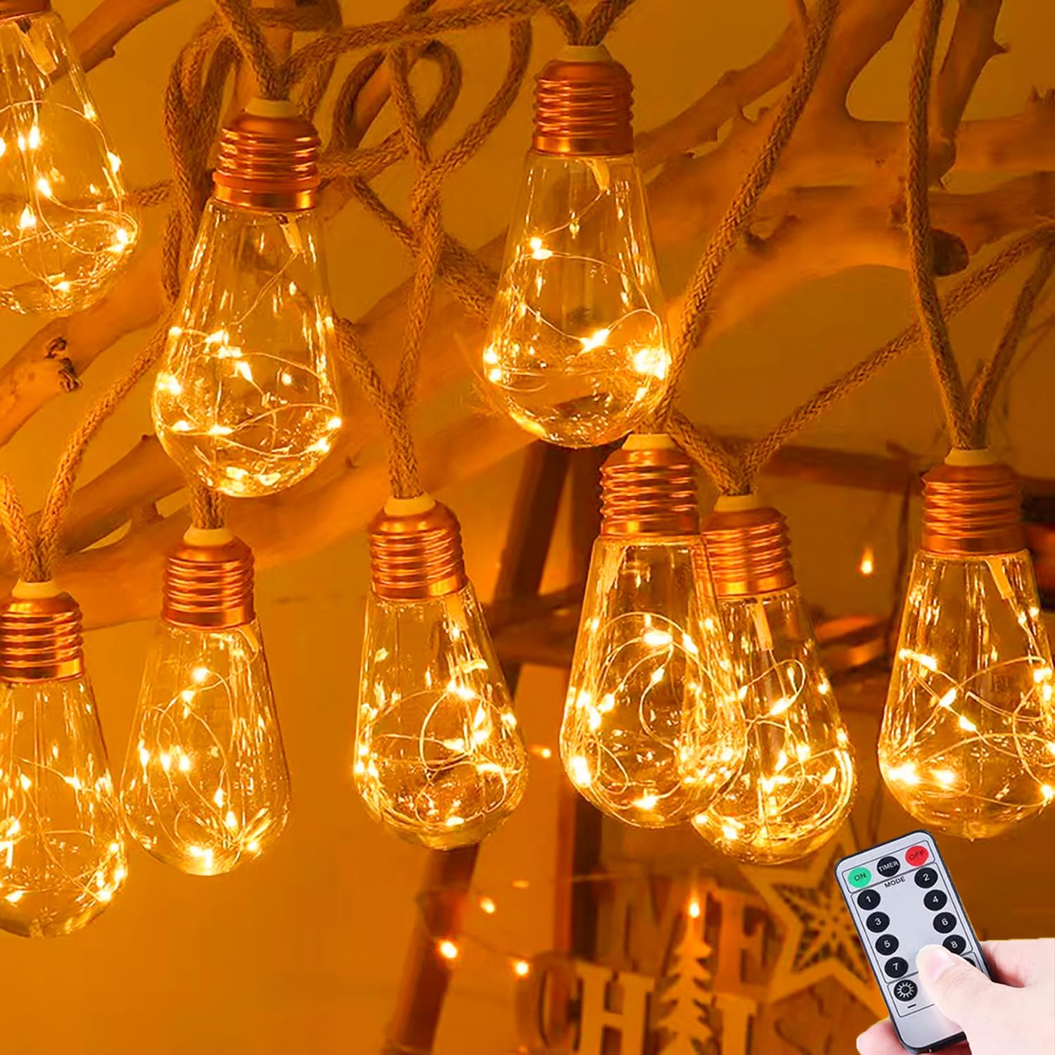 20 Vintage Light Bulbs Battery Operated String Lights, 100 LED Battery Patio Lights, 8 Modes Rustic Hanging Lights for Patio, Porch, Classroom, Wedding, Tent, Bistro, Farmhouse Decor