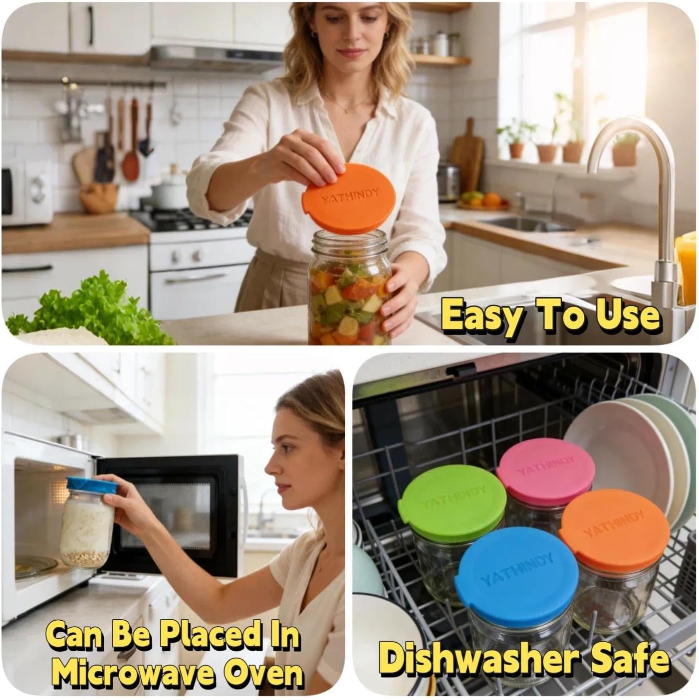 ORIGINAL CREATOR-4 Pack Silicone Mason Jar Lids for Ball, Kerr and More,Fit Regular Mouth & Wide Mouth Storage Caps for Mason/Canning Jars,Leak-Proof,Dishwasher Safe(Single-color)
