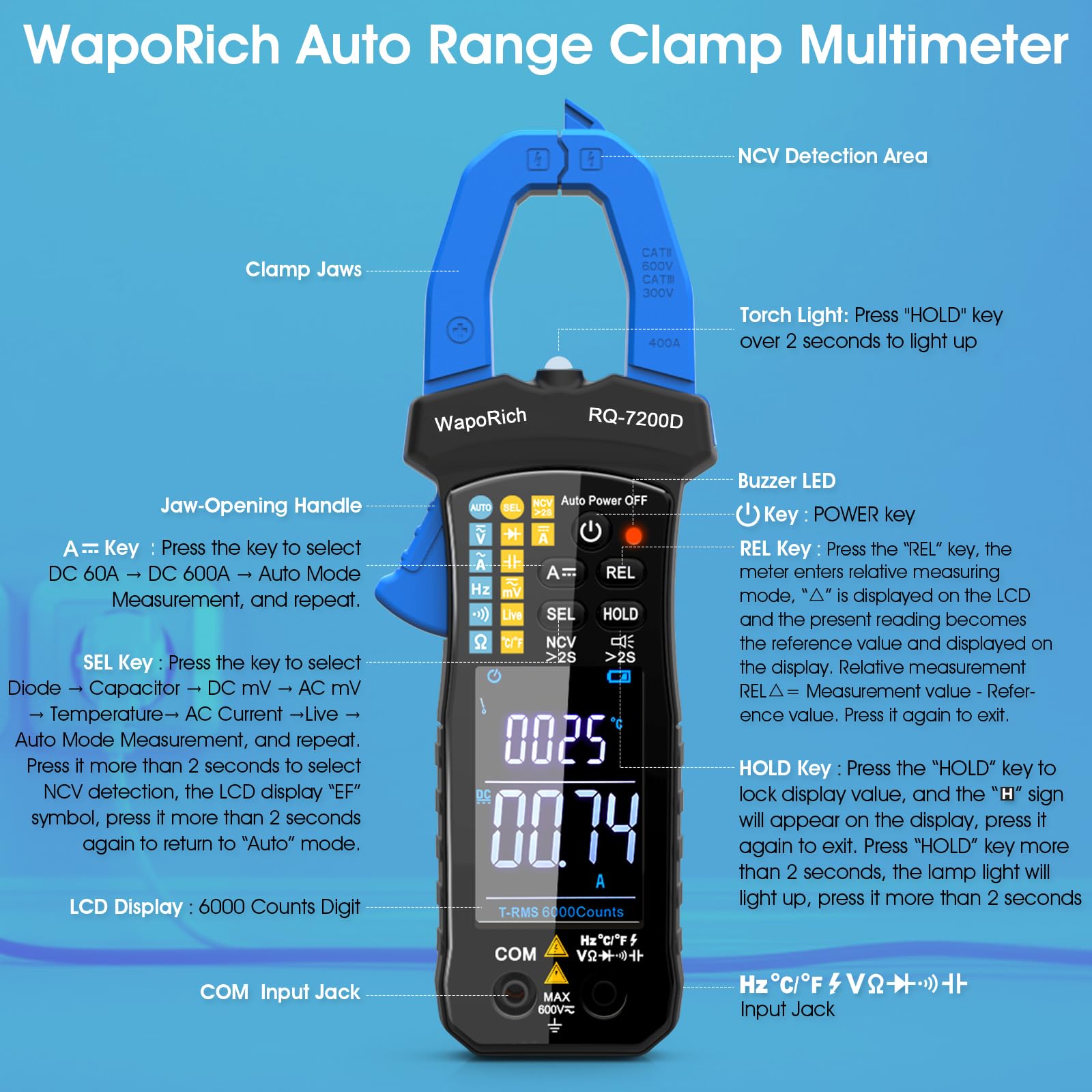 WapoRich Digital Clamp Meter TRMS 6000 Counts Multimeter RQ-7200D Auto Range NCV AC DC Voltage Current Resistance