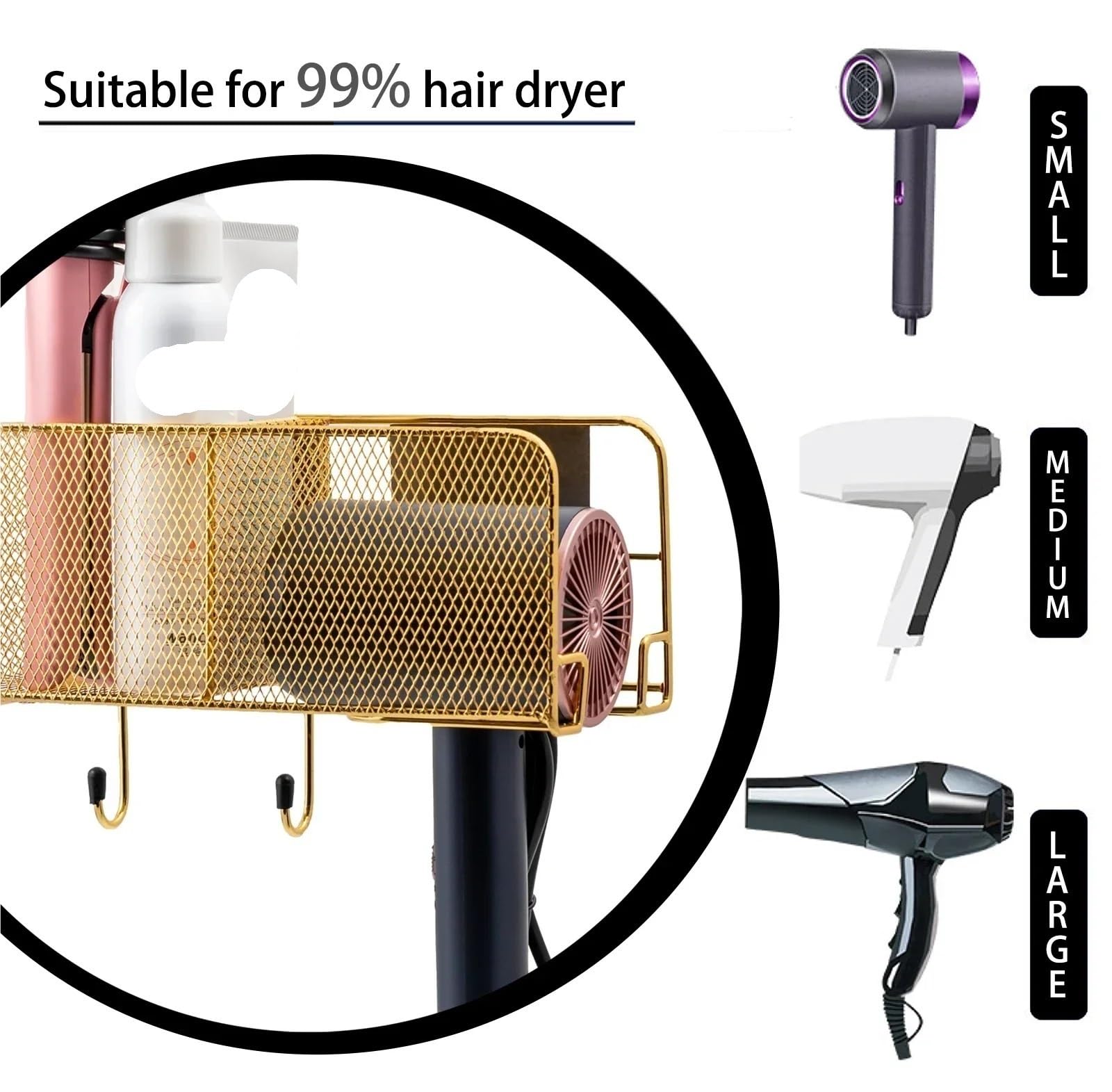 2Pcs Haartrockner Halter Wand Organizer Spirale Ständer Rack Aluminium Bad Regal Zubehör Für Haartrockner(Gold)