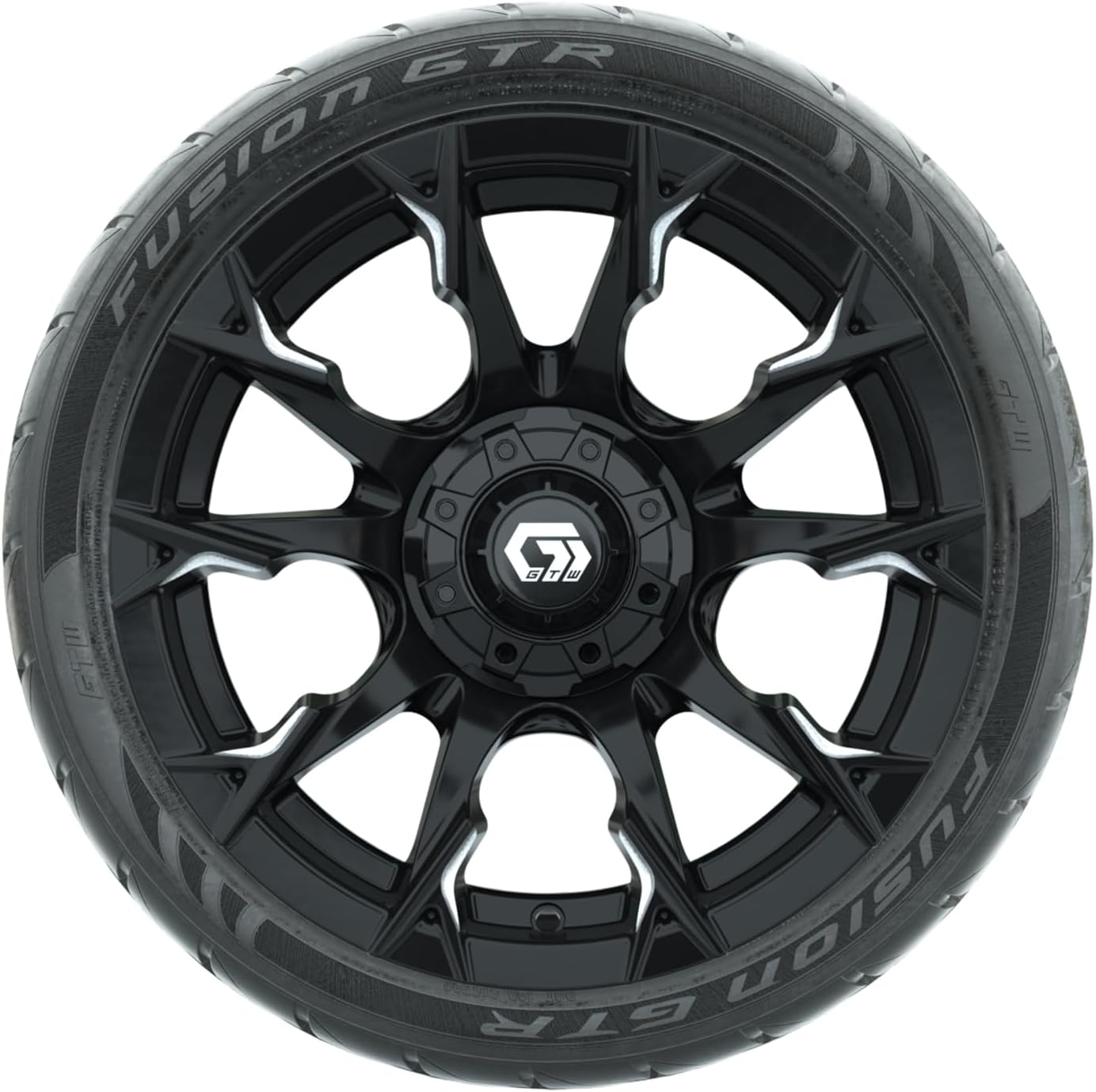 GTW 14 Inch Golf Cart Wheels and Tires Combo | GTW Diablo Gloss Black/Machined Wheels on 205/40-R14 (20.5") Fusion GTR Steel Belted Radial Street Tires | Set of 4