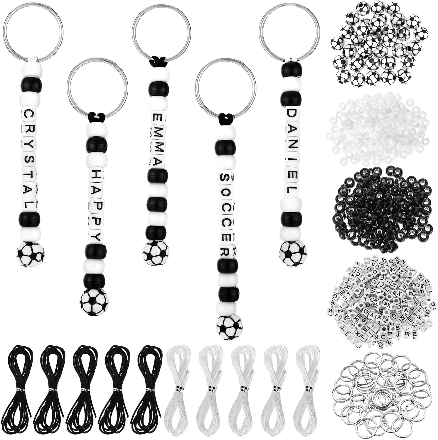 556 Pcs DIY Soccer Keychain Making Kit for Personalized Crafting, Black White DIY Soccer Bead Key Chain with Letter Beads, Adjustable Sport Letter Bead Charm for Party Favor Gift