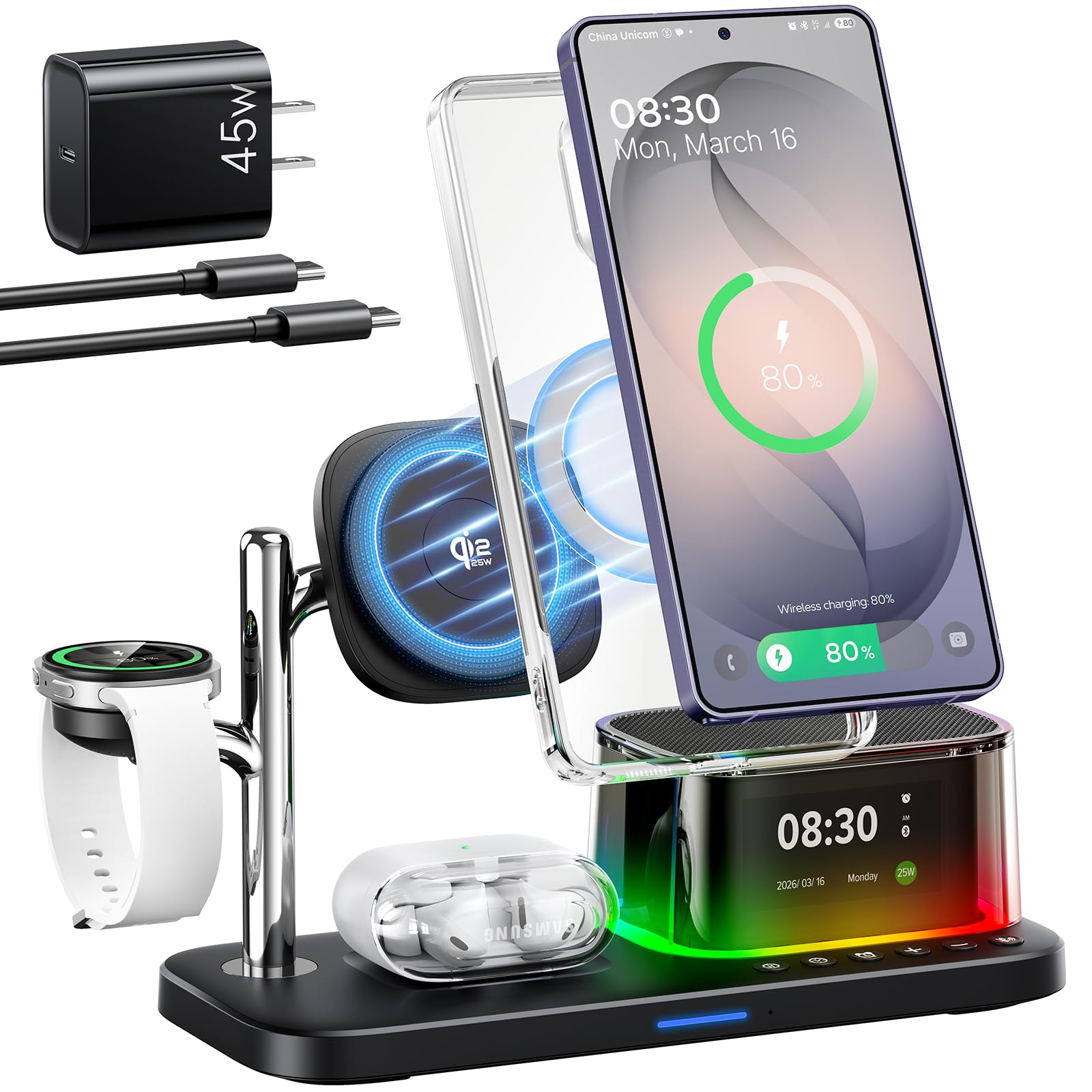 Photo 1 of Meifigno 25W 5 in 1 Charging Station for Galaxy S26 Ultra with Bluetooth Speaker/Alarm Clock/Night Light, Qi2.2 Fast Magnetic Wireless Charger with 45W Adapter for S26/Z Fold7, for Galaxy Watch 8/Buds