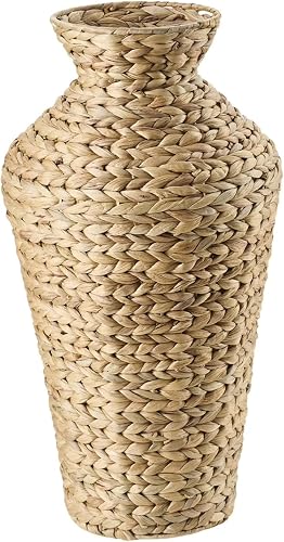 22" Tall Floor Vase Woven Water Hyacinth Rattan for Living Room Entryway | Handwoven natural hyacinth with weighted base. Lightweight for easy moves. Wipe-clean rustic decor for dried stems.