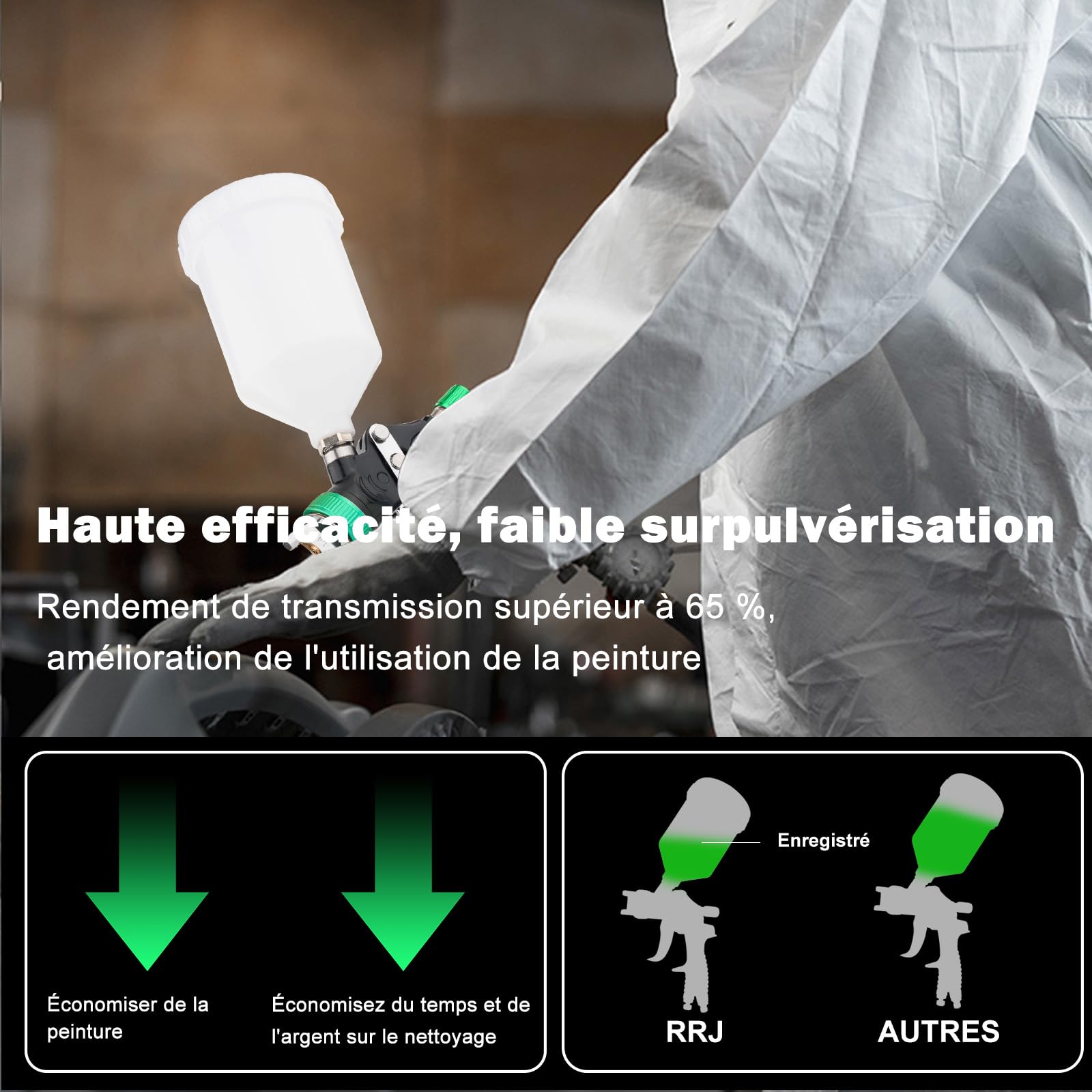 HVLP Professionnel Pistolet à Peinture Carrosserie Alimentation par Gravité 3 Buses 1,4/1,7/2,5mm Coupelle 600cc par gravité et Jauge de Pression HVLP Meubles de Voiture Pistolet de réparation (Vert)