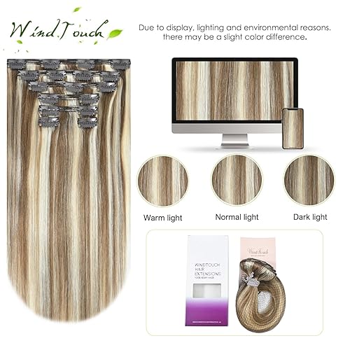 Miniatura 4 de WindTouch Extensiones de cabello humano con clip, balayage, rubio ceniza degradado a rubio platino, cabeza completa, 14 pulgadas, 4.23 oz, 7 piezas