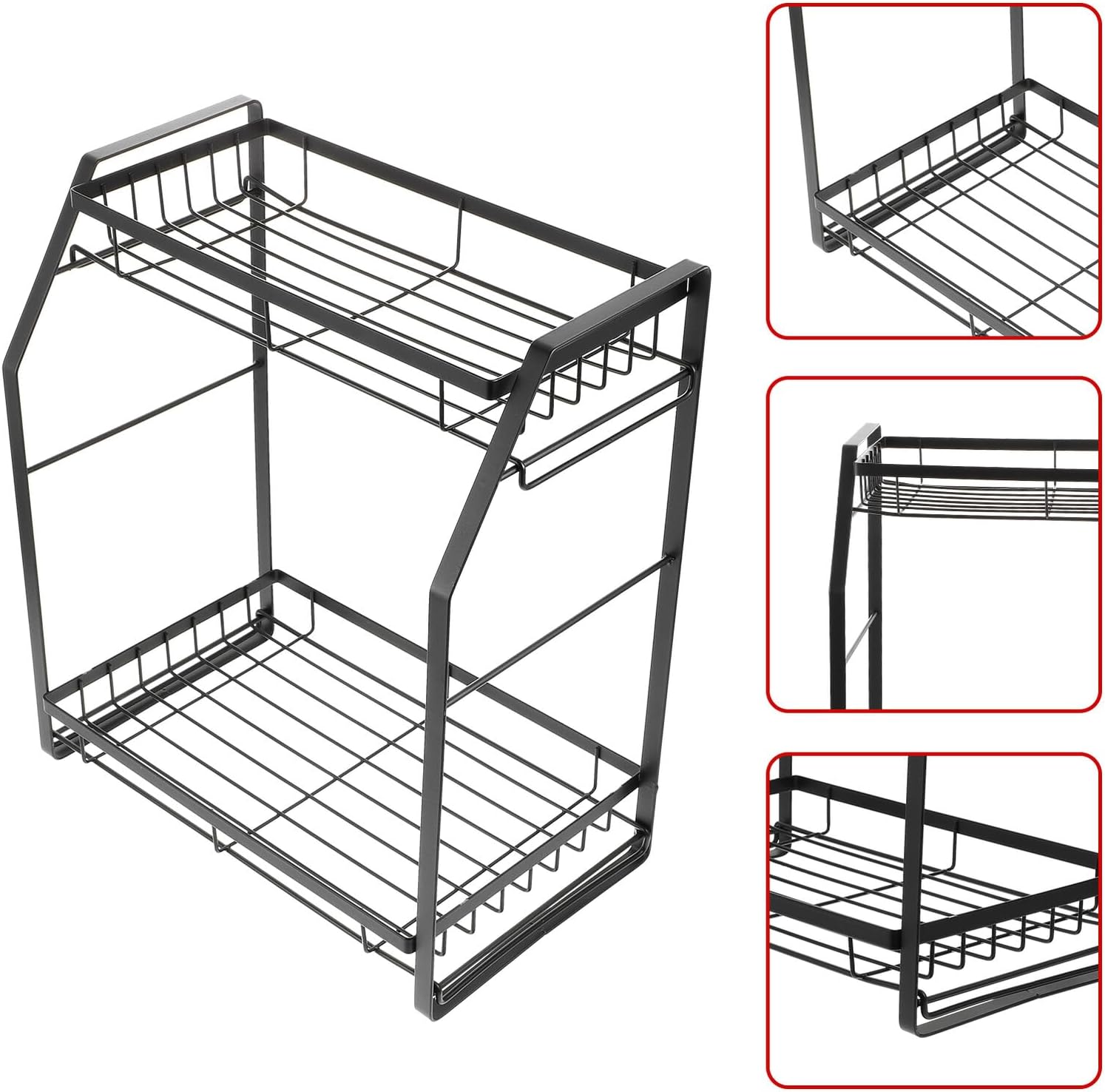Alipis Multi-function Double-layer Spice Rack Kitchen Countertop Storage Shelf Black High Carbon Steel Removable Clip Design for Seasoning Bottle Organization