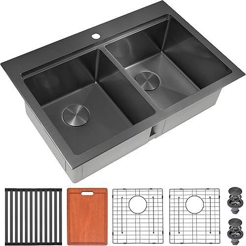 Vista 89 de LQS Fregadero de cocina dorado de 31 pulgadas, fregadero de cocina de acero inoxidable 50/50 de 31 x 18 pulgadas, fregadero de cocina de acero