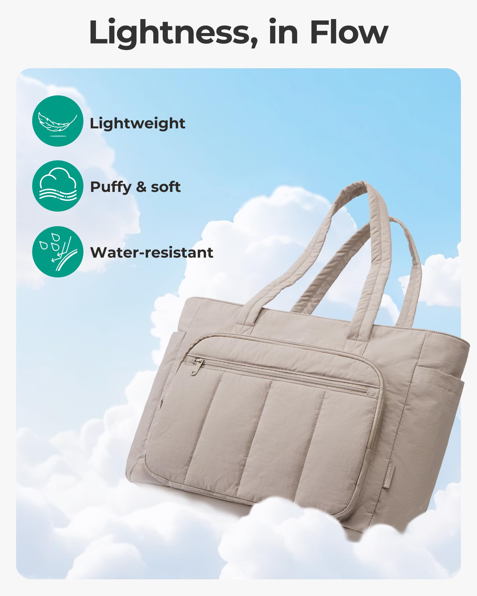 bagsmart Torebka damska, torba na zakupy, lekka, Puffy Tote Bag torba robocza, torba nauczycielska, torba na laptopa o przekątnej ekranu 15,6", torba na ramię z wieloma przegródkami, na uczelnię, do
