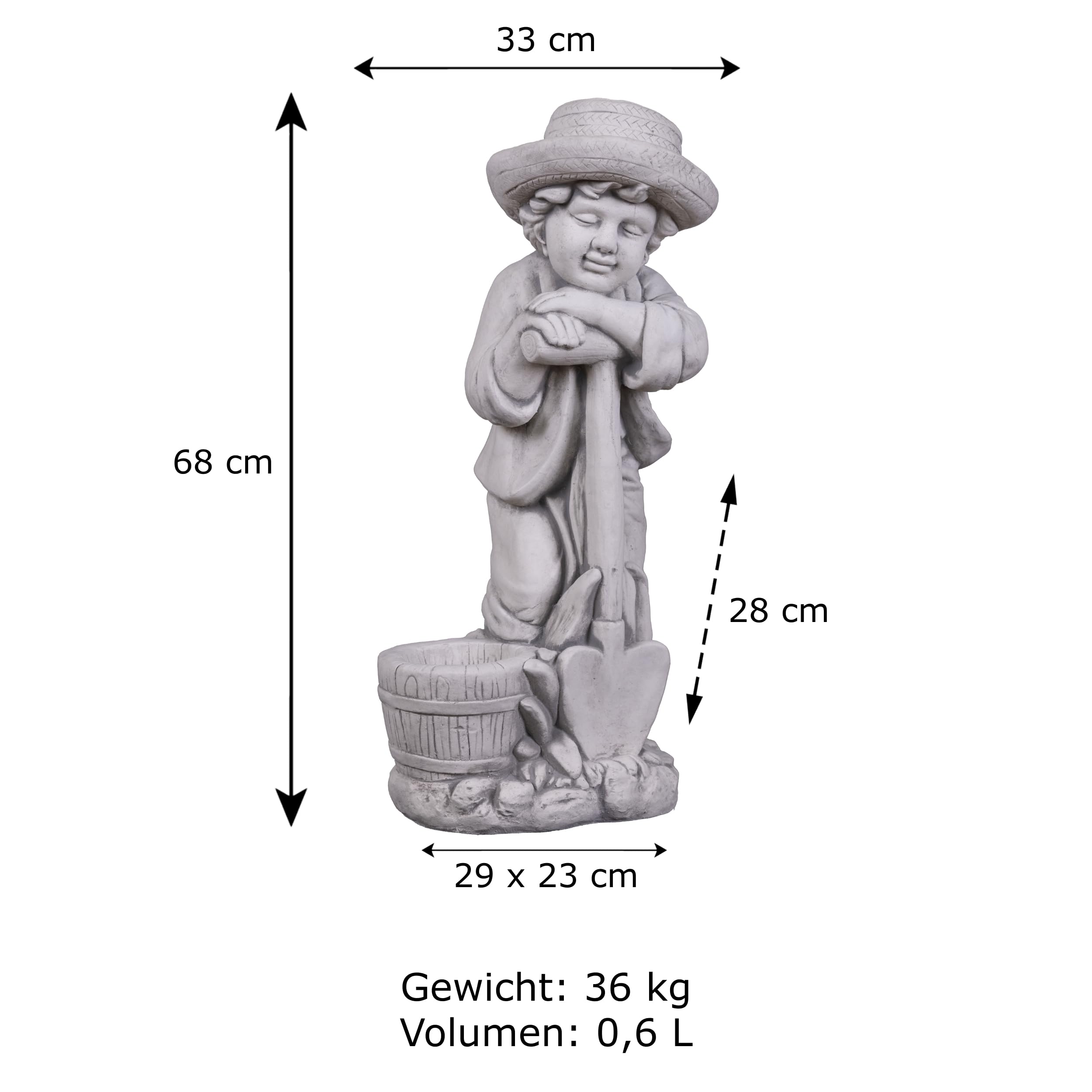 gartendekoparadies.de Figurka ogrodowa, kamienna figurka chłopca ze łopatą i doniczką, wysokość 68 cm, szara, 36 kg, odlew kamienny, odporna na mróz, do użytku na zewnątrz